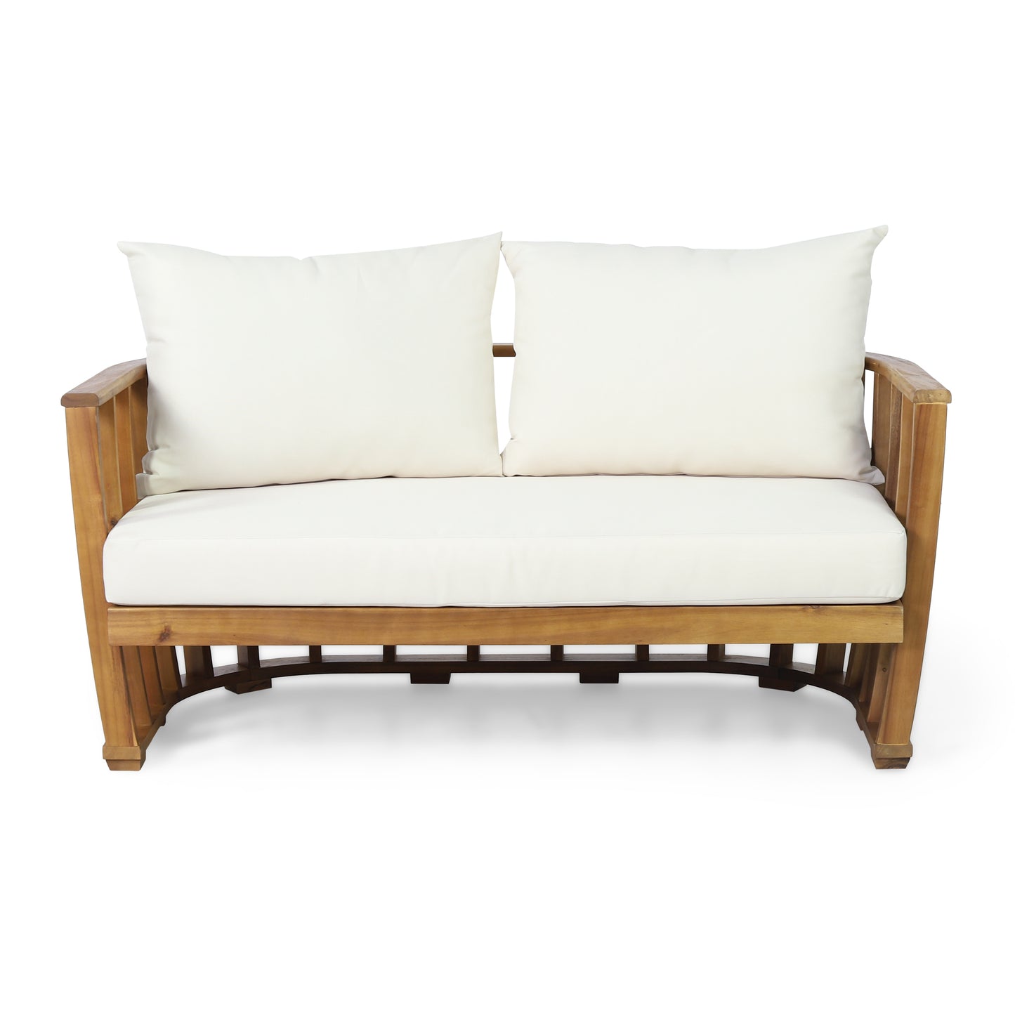 Outdoor Acacia Wood Loveseat and Coffee Table Set with Cushions, Teak, Beige