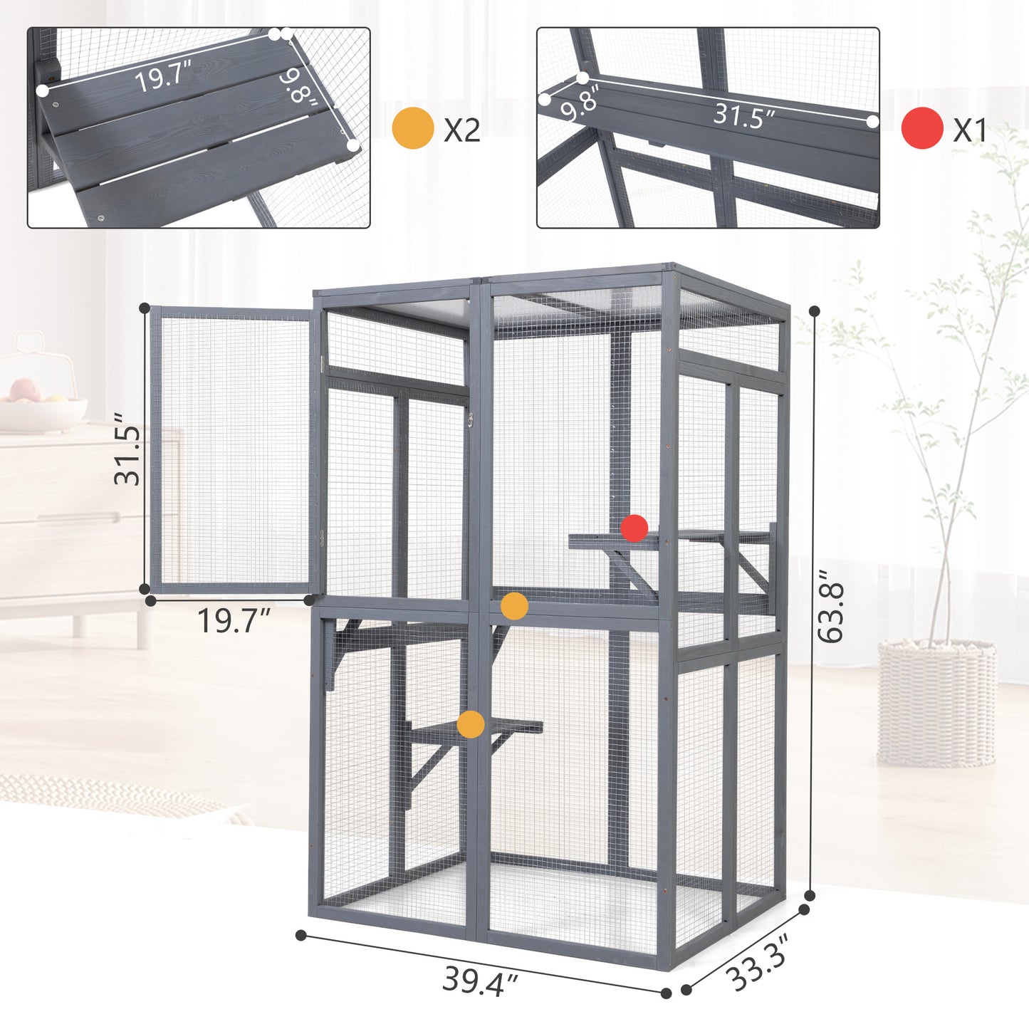 Wooden Cat Catio, Outdoor Cat Enclosure, Cat House with Platforms, Sunshine Board, Hammock, Door, Kitten Cage Condo, Grey