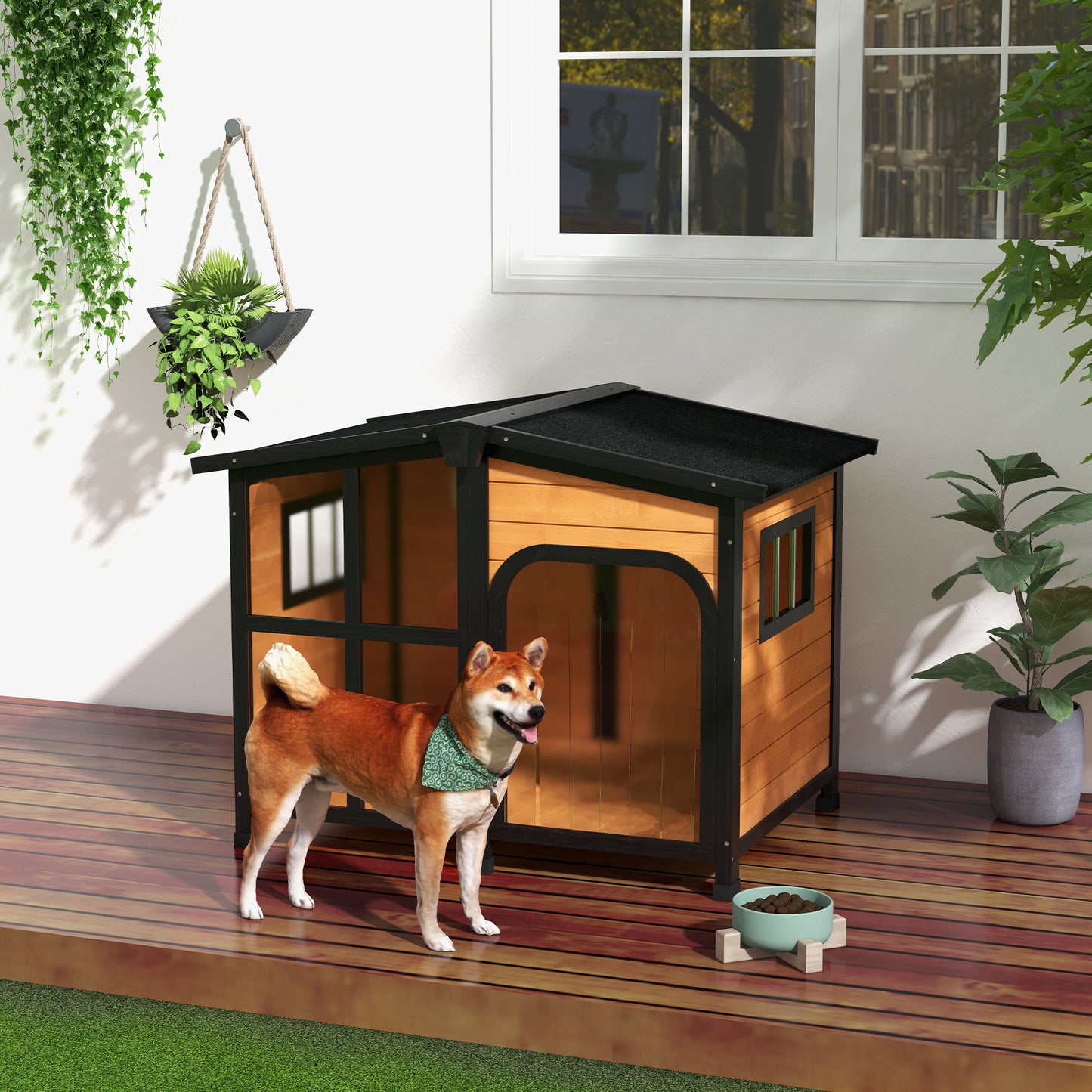 PawHut Outside Cabin-Style Wooden Dog House for Large Dogs with Openable Roof & Giant Window, Outdoor & Indoor Big Dog House, Asphalt Roof, Yellow