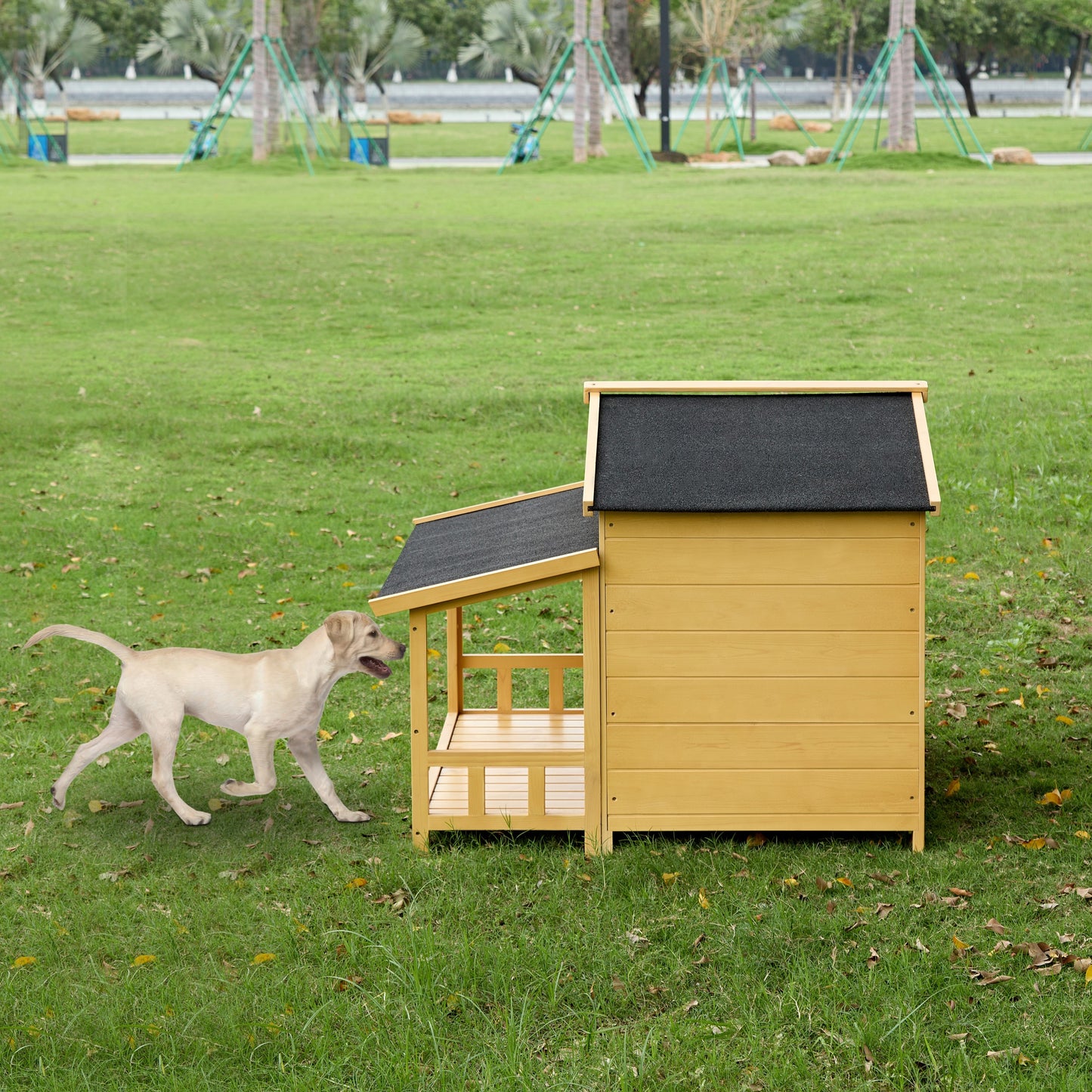 Dog House, Waterproof Dog Cage Kennel, Wooden Outdoor and Indoor Dog House, Raised Pet Kennel for Medium Dogs, Log Cabin Style with Porch,Elevated Floor,Asphalt Roof, 2 Doors, Pine Wood Natural