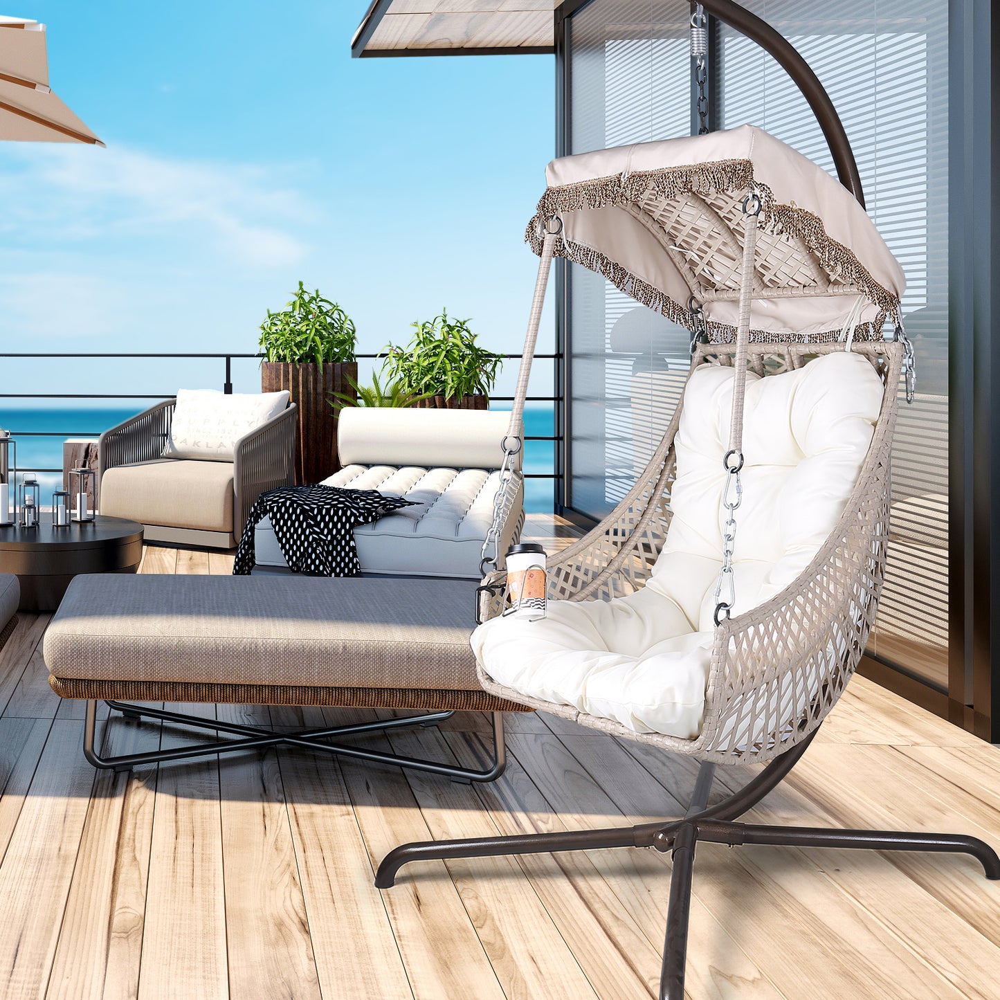 Swing Egg Chair with Stand Indoor Outdoor, Wicker Rattan Frame 350lbs Capacity Hammock Chair for Patio Bedroom with Sunshade Cloth, Courtyard, Cushion And Pillow