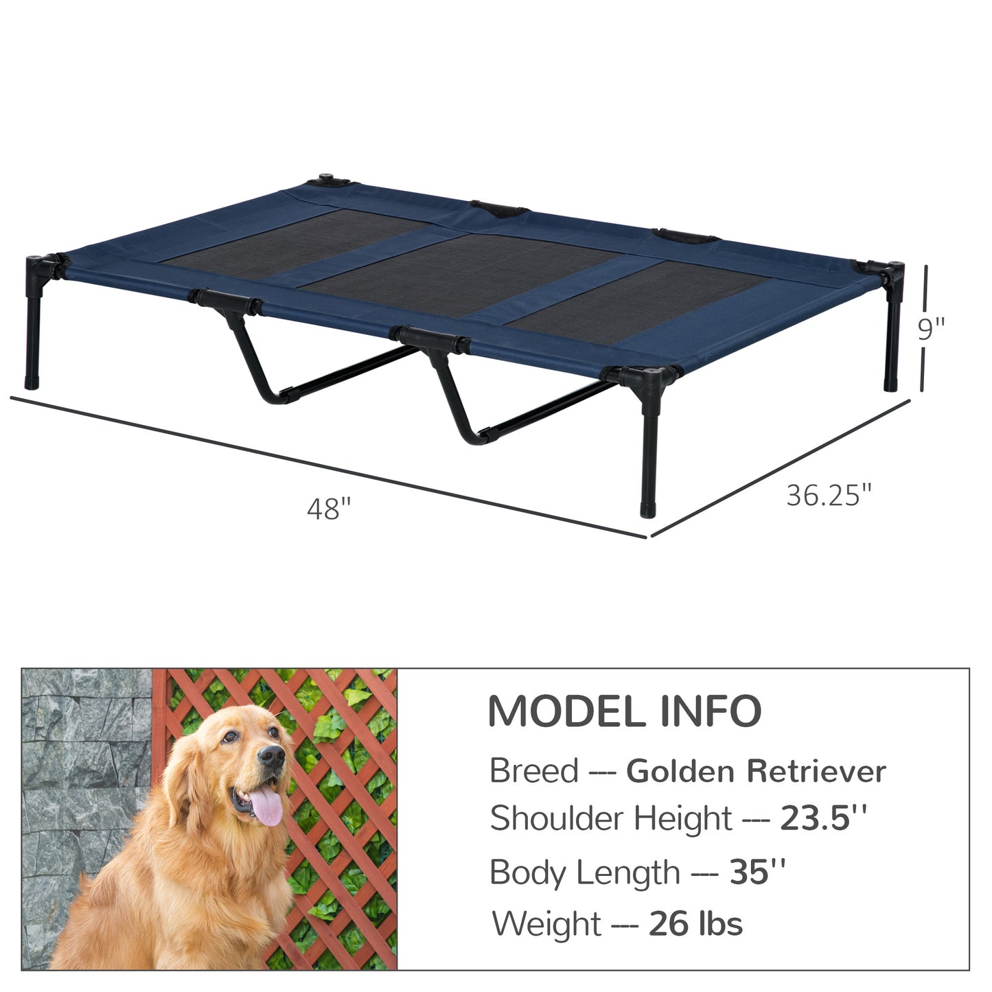 PawHut 48" x 36" Breathable Elevated Dog Bed Portable Pet Cot, Raised Pet Bed w/ Carry Bag Metal Frame Breathable Mesh Indoor and Outdoor Dark Blue