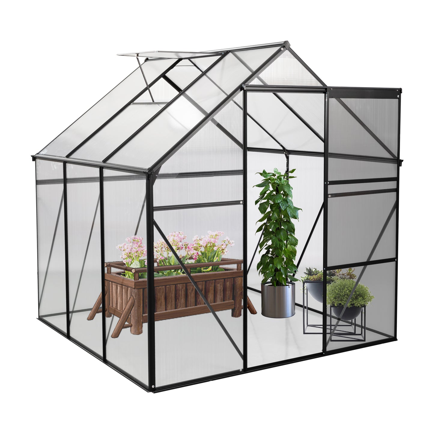 6X6FT-BLACK Polycarbonate Greenhouse Raised Base and Anchor Aluminum Heavy Duty Walk-in Greenhouses for Outdoor Backyard in All Season (W540S00002)