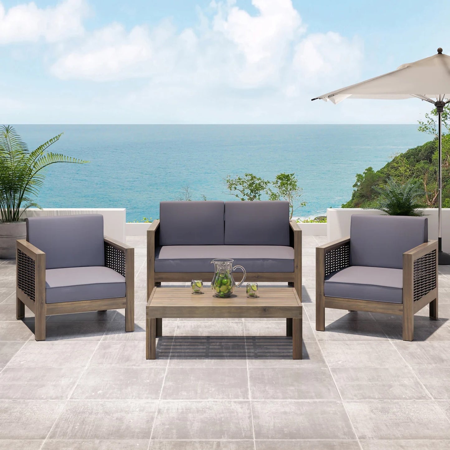 Outdoor 4 Seater Acacia Wood Chat Set with Wicker Accents and Cushions, Gray + Mixed Gray + Dark Gray