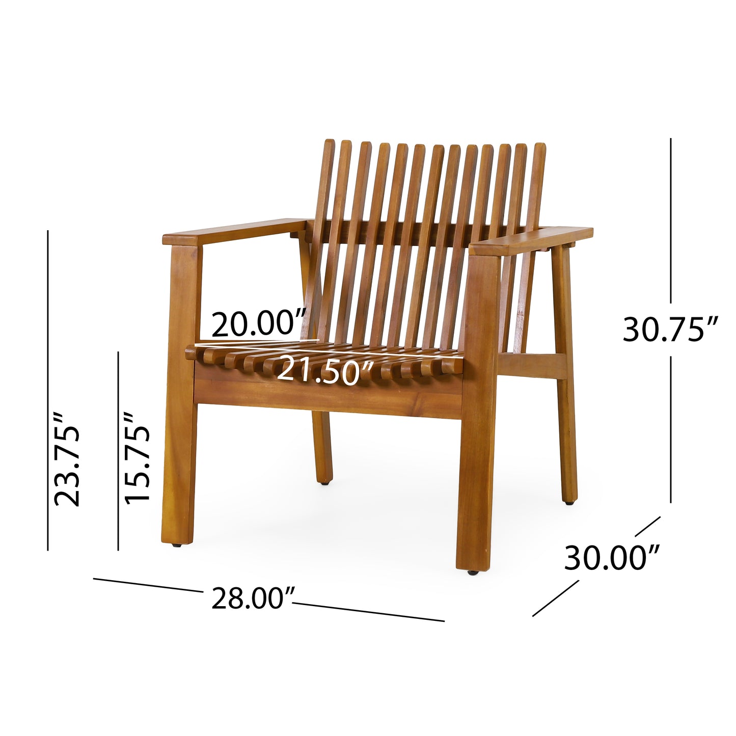 Outdoor Acacia Wood Slatted Club Chairs, Set of 2, Teak finish, Acacia Wood, 30"D x 28"W x 30.75"H