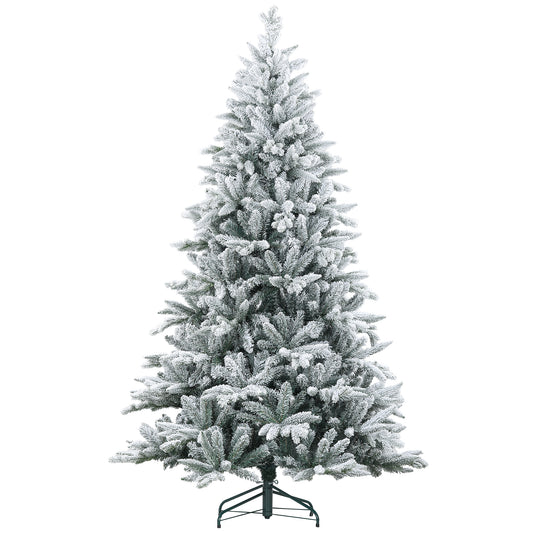 HOMCOM 7ft Snow Flocked Artificial Christmas Tree with 1401 Tips, Foldable Metal Stand, Easy Assembly, Hinged Xmas Tree for Home, Office, Holiday, Green