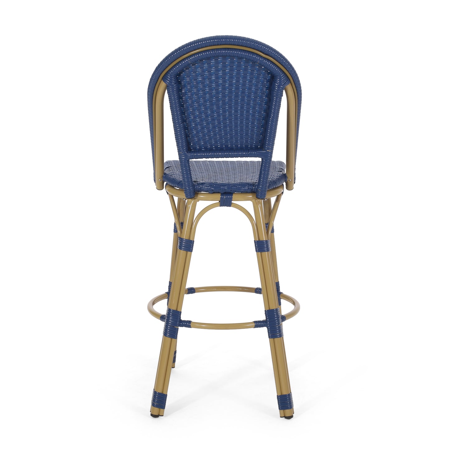 29.5" Outdoor PE Rattan and Aluminum French Barstools, Set of 2, Navy Blue and Bamboo Finish