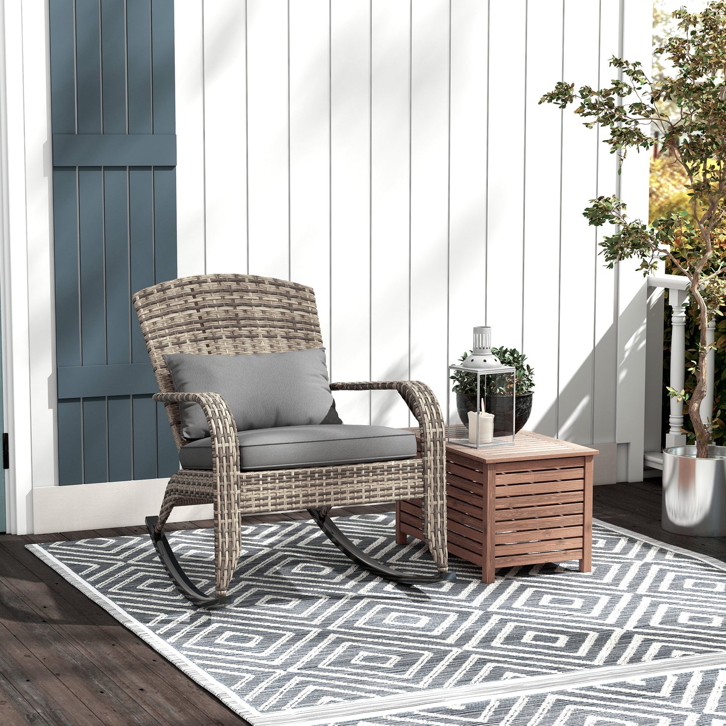 Outsunny Outdoor Wicker Adirondack Rocking Chair, Patio Rattan Rocker Chair with High Back, Seat Cushion, and Pillow for Garden, Porch, Balcony, Gray