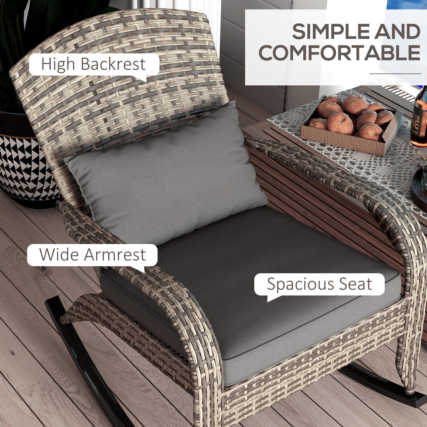 Outsunny Outdoor Wicker Adirondack Rocking Chair, Patio Rattan Rocker Chair with High Back, Seat Cushion, and Pillow for Garden, Porch, Balcony, Gray