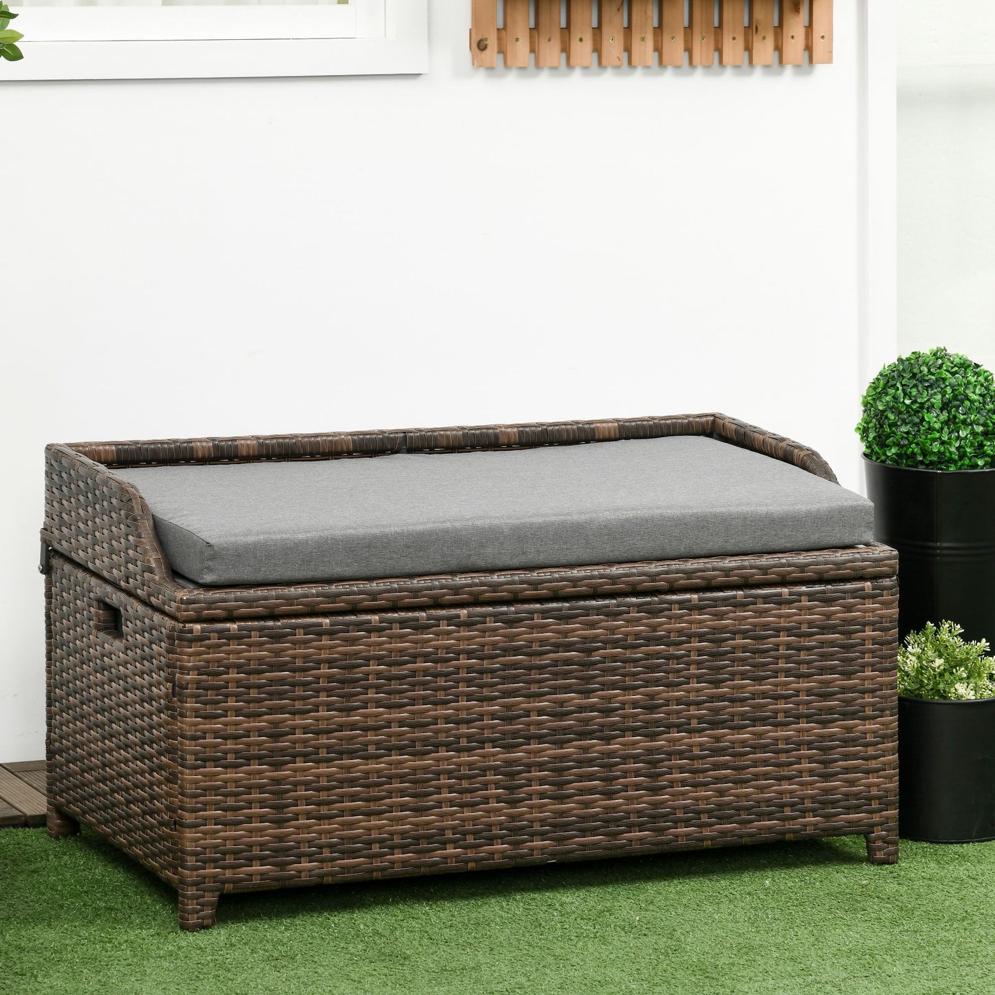 Outsunny Outdoor Wicker Storage Bench Deck Box, PE Rattan Patio Furniture Pool Container Storage Bin with Interior Waterproof Bag and Comfortable Cushion, Gray