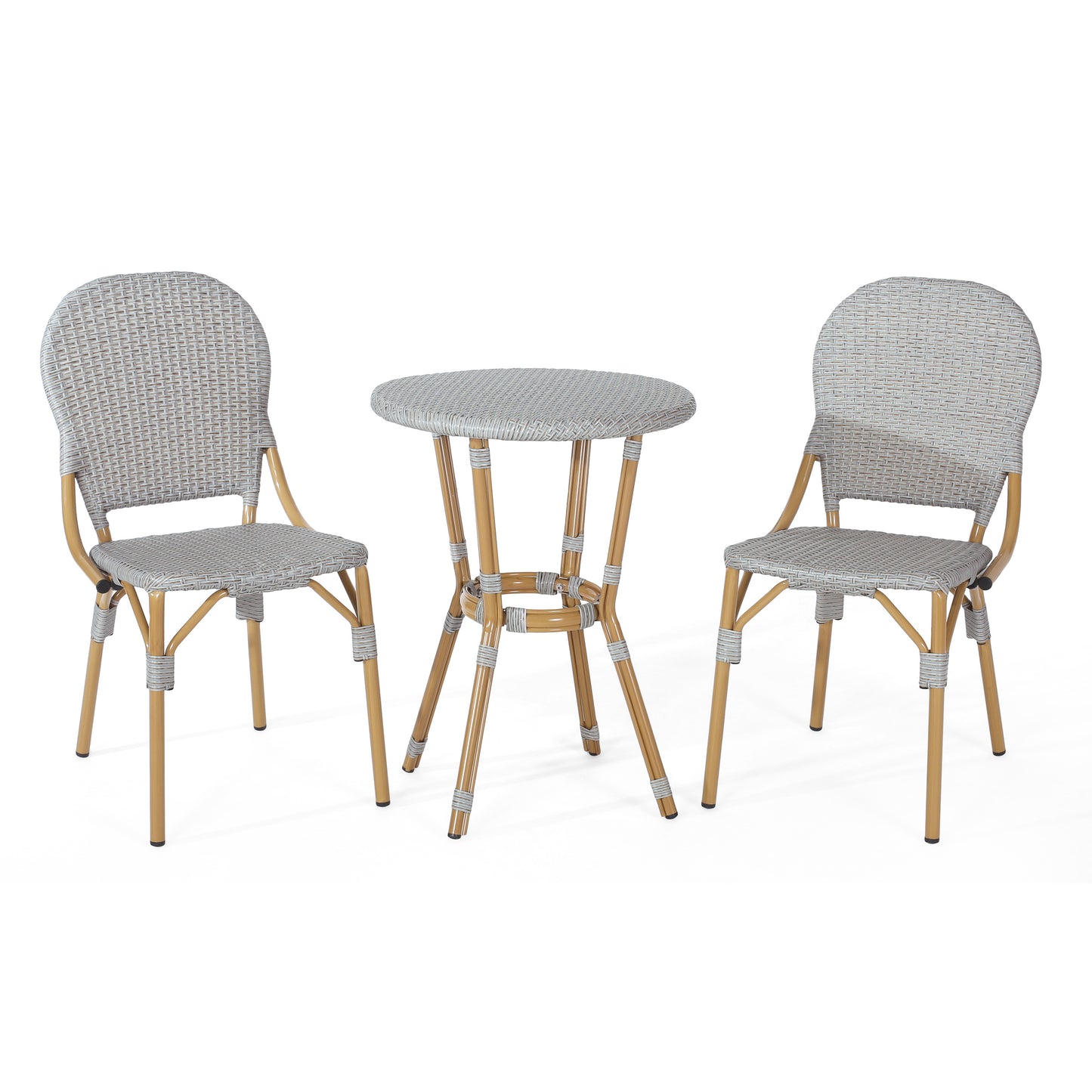 Outdoor Aluminum Armless French Bistro Set, 3-Piece, Gray and Bamboo Finish