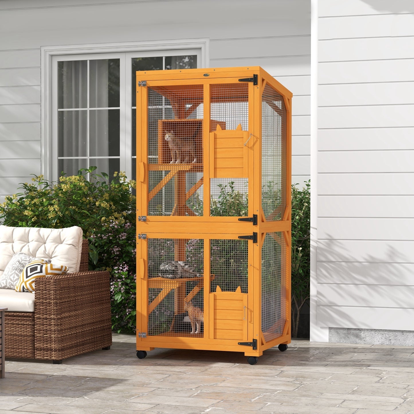 PawHut Large Cat House with High-Up Resting Box, 71" Wooden Catio with Asphalt Roof, Indoor & Outdoor Cat Enclosure on Wheels, for 1-3 Cats, Orange