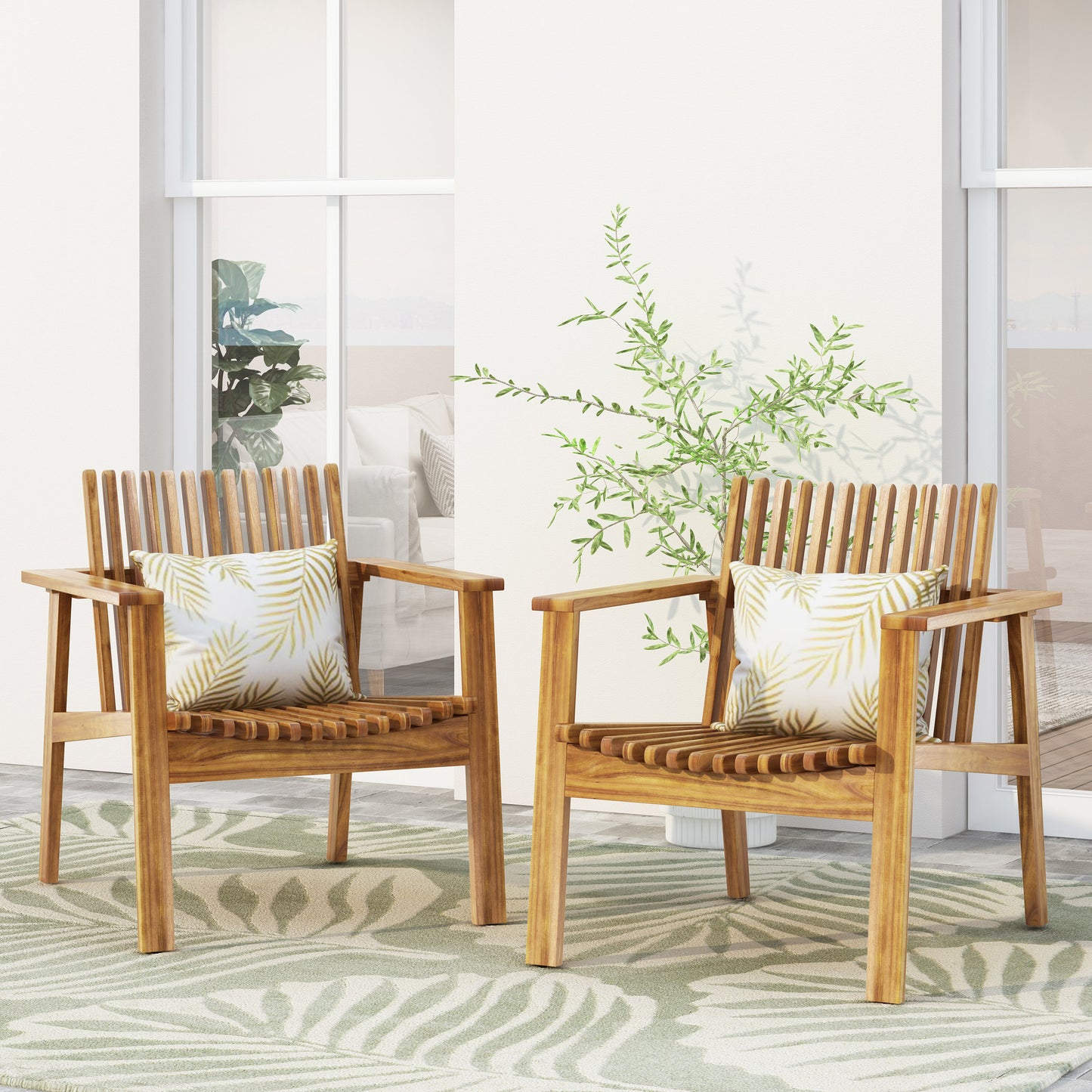 Outdoor Acacia Wood Slatted Club Chairs, Set of 2, Teak finish, Acacia Wood, 30"D x 28"W x 30.75"H