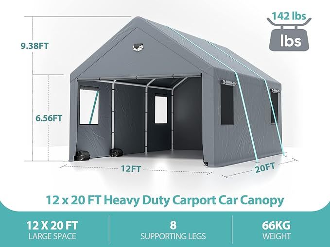 Sannwsg 12 * 20 Heavy Duty Carport Canopy - Extra Large Portable Car Tent Garage with Roll-up Windows and All-Season Tarp Cover,Metal Roof &Side Walls for Car, SUV,Boats&Truck Shelter Logic Storage