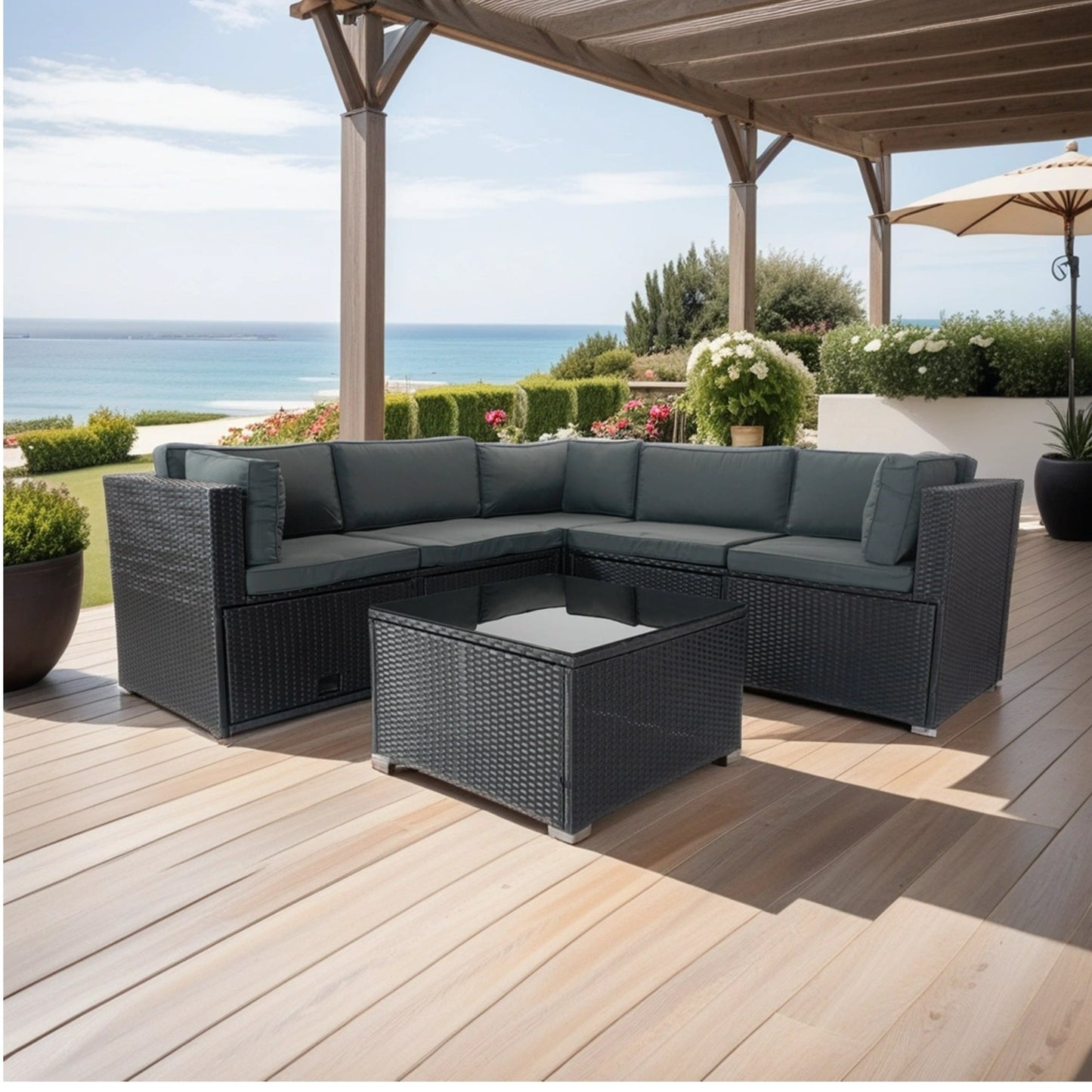 6 Pieces PE Rattan sectional Outdoor Furniture Cushioned  Sofa Set