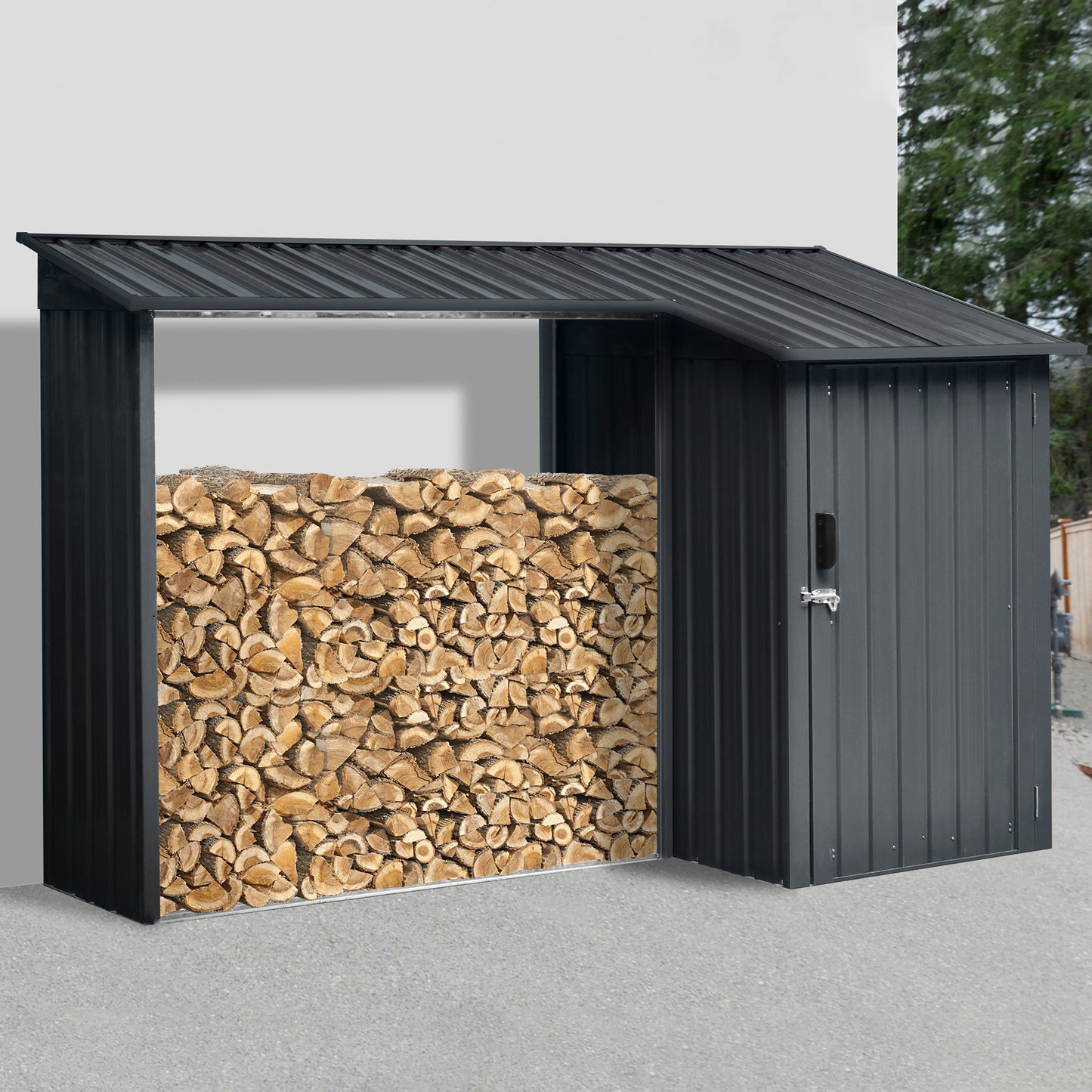 Outdoor Steel Firewood Rack and Metal Storage Shed,Two-In-One,Black