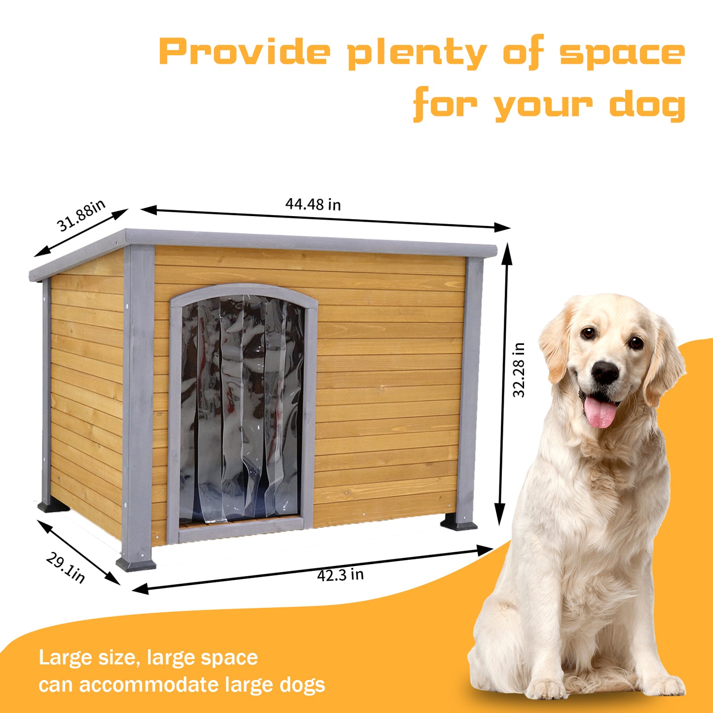 45" winter warm outdoor indoor dog house, made of solid wood, plastic curtain, insulation mat.