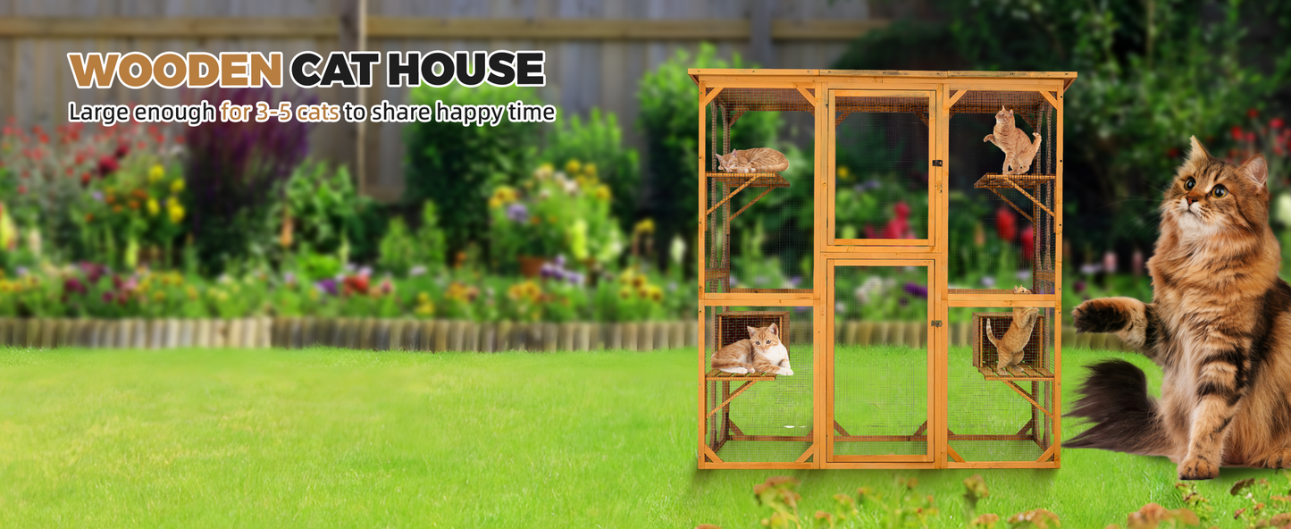 Catio Outdoor Cat Enclosure with Roof 72" Height Cat Wooden House Large Cat Cage with 3 Jumping Platforms and 2 Napping Houses for Cat Activity (Yellow)