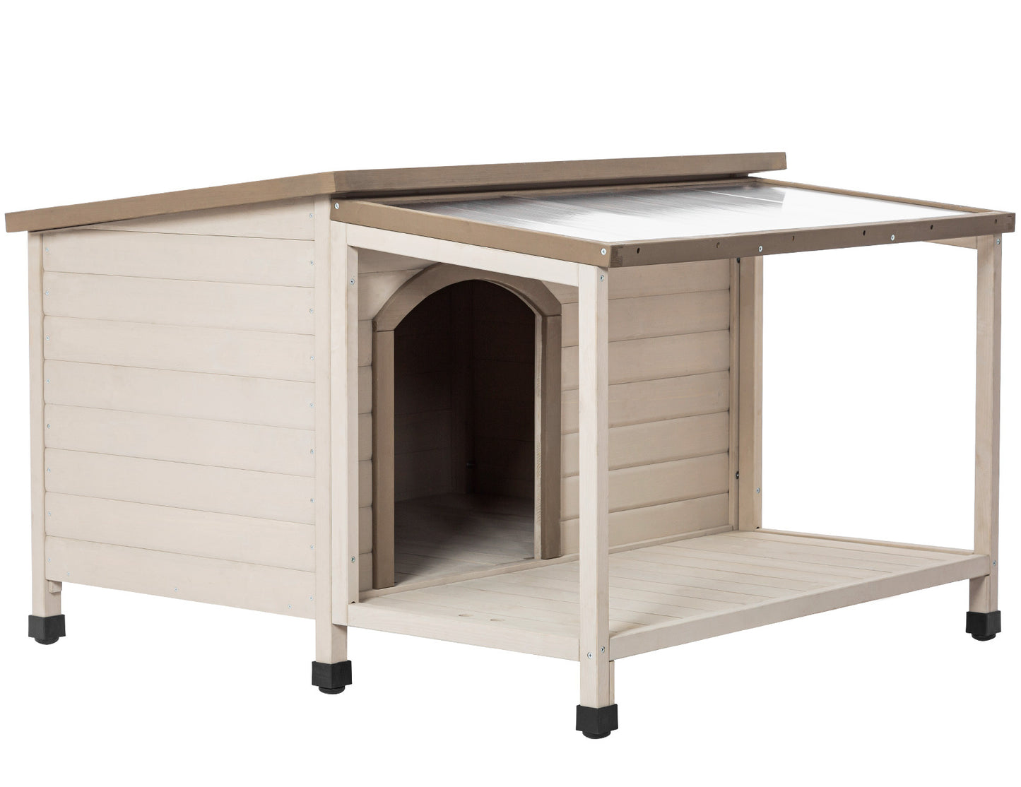 Outdoor fir wood dog house with an open roof ideal for medium to large  dogs. Dog house with large terrace with clear roof.Weatherproof asphalt roof and treated wood.