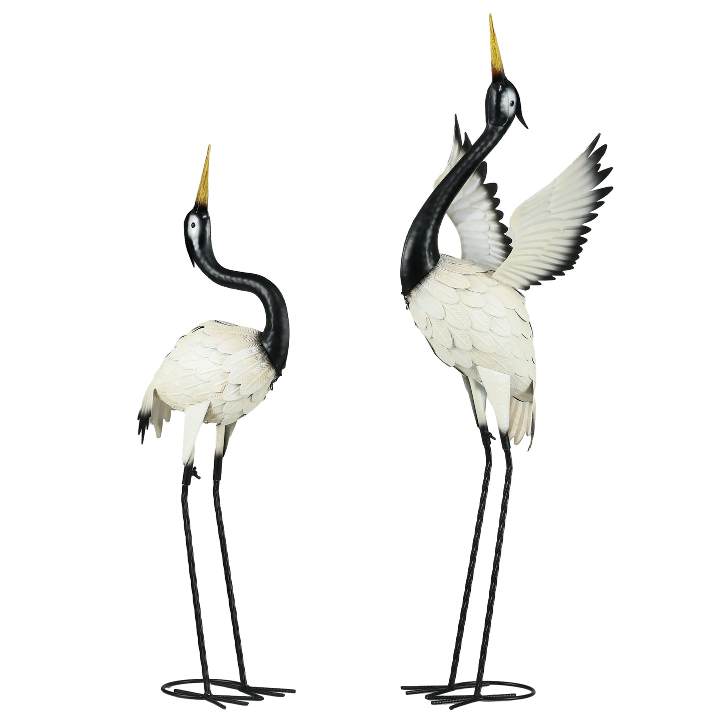 Outsunny Heron Garden Statues, 35.5" & 40.5" Standing Bird Sculptures, Metal Yard Art Decor for Lawn, Patio, Backyard, Landscape Decoration Set of 2, White & Black