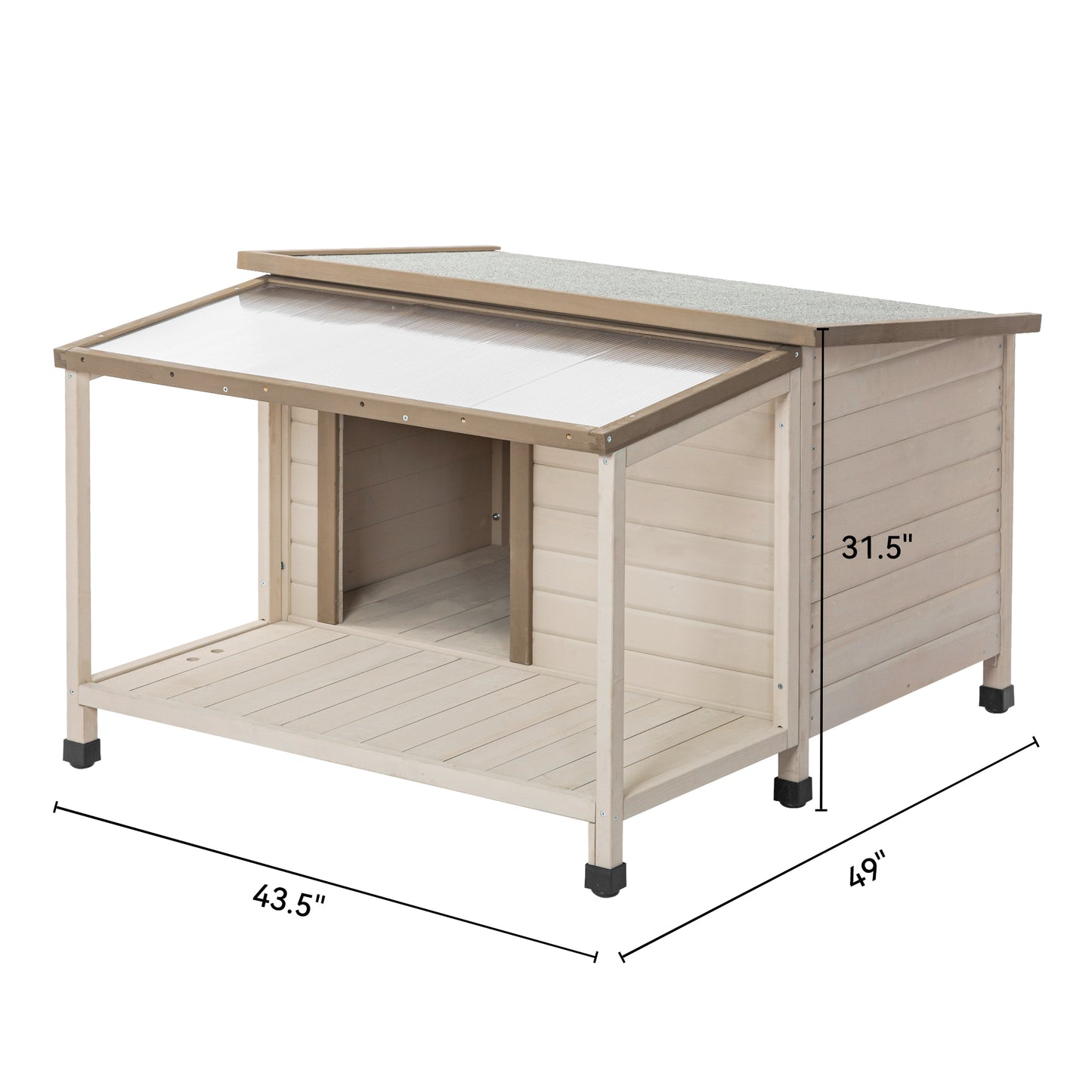 Outdoor fir wood dog house with an open roof ideal for medium to large  dogs. Dog house with large terrace with clear roof.Weatherproof asphalt roof and treated wood.