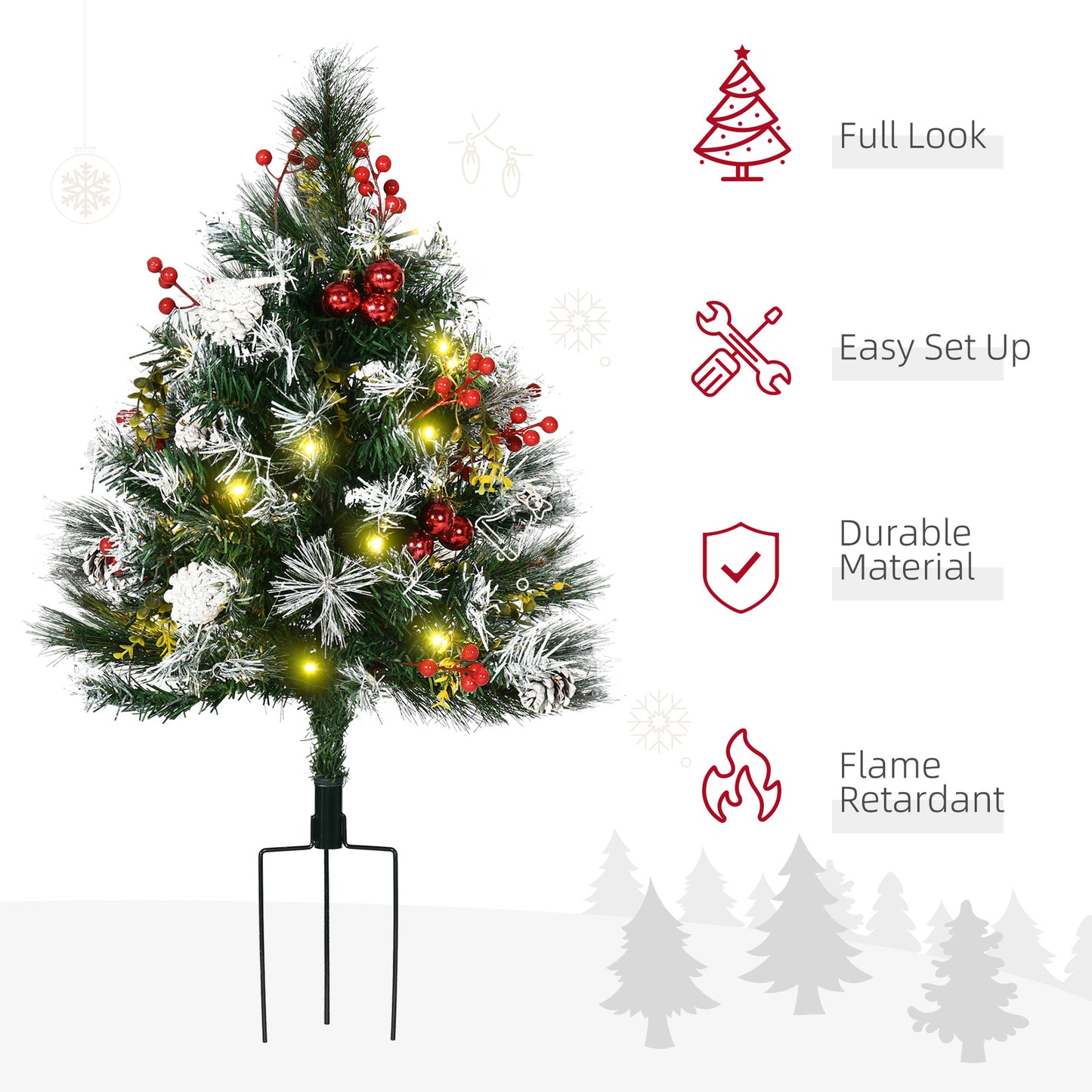 HOMCOM 2.5 Ft/30" 2 Pack Outdoor Entryway Pre-Lit Artificial Christmas Tree Cordless with 70 Branches, Warm White LED lights, Red Berries, Pine Cones, Balls, Green