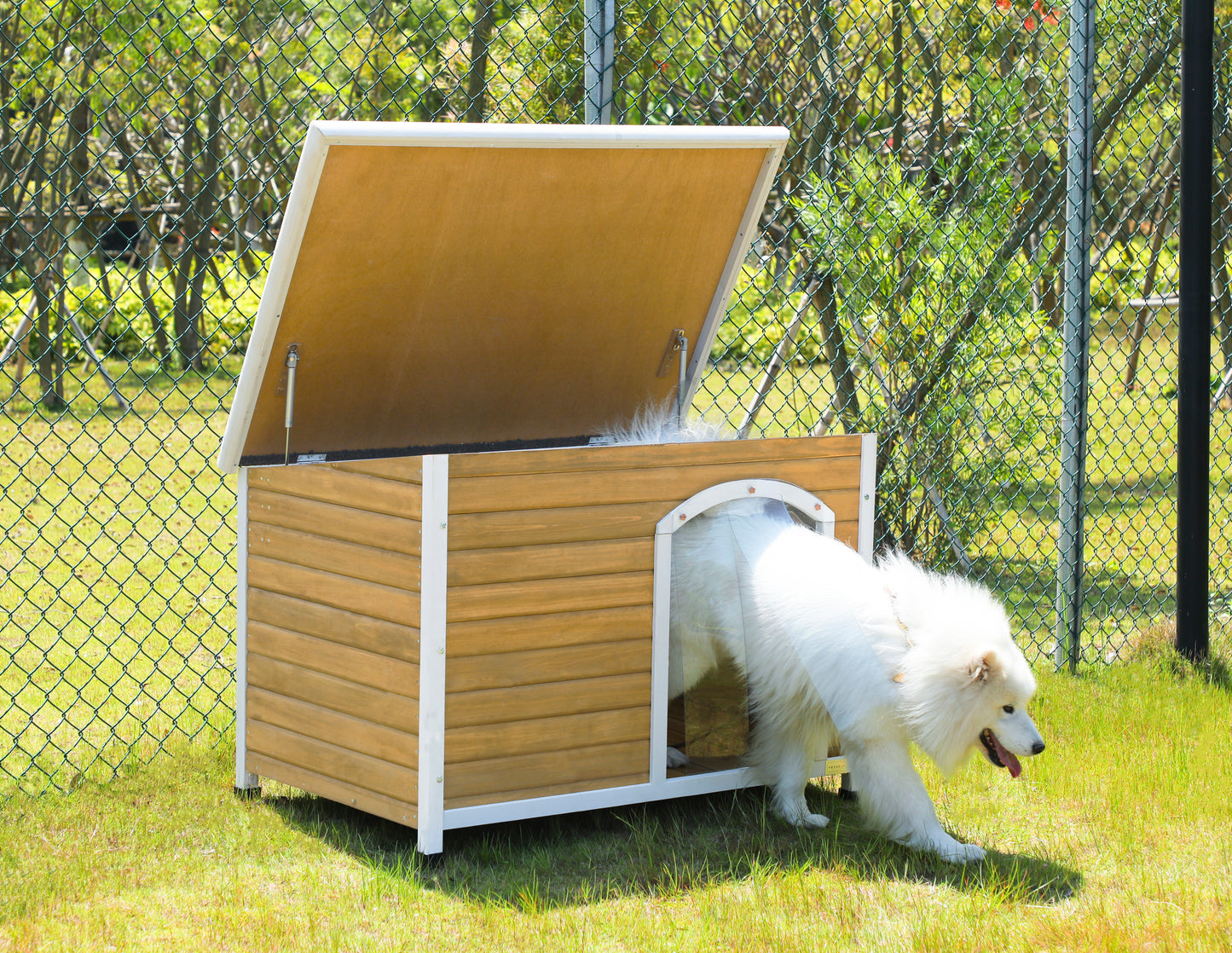 Large Wooden Outdoor Dog House, Waterproof Roof, Elevated Floor, Adjustable Plastic Feet, Yellow