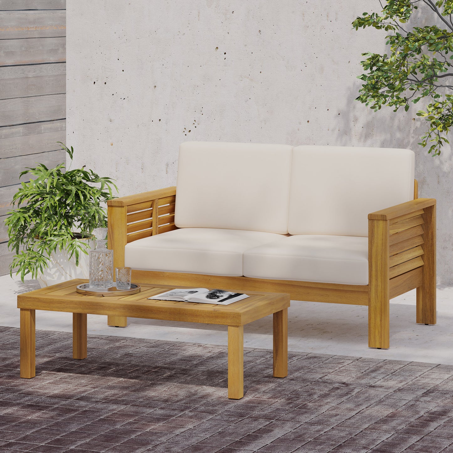 Teak Acacia Wood Loveseat and Coffee Table Set with Cream Cushions