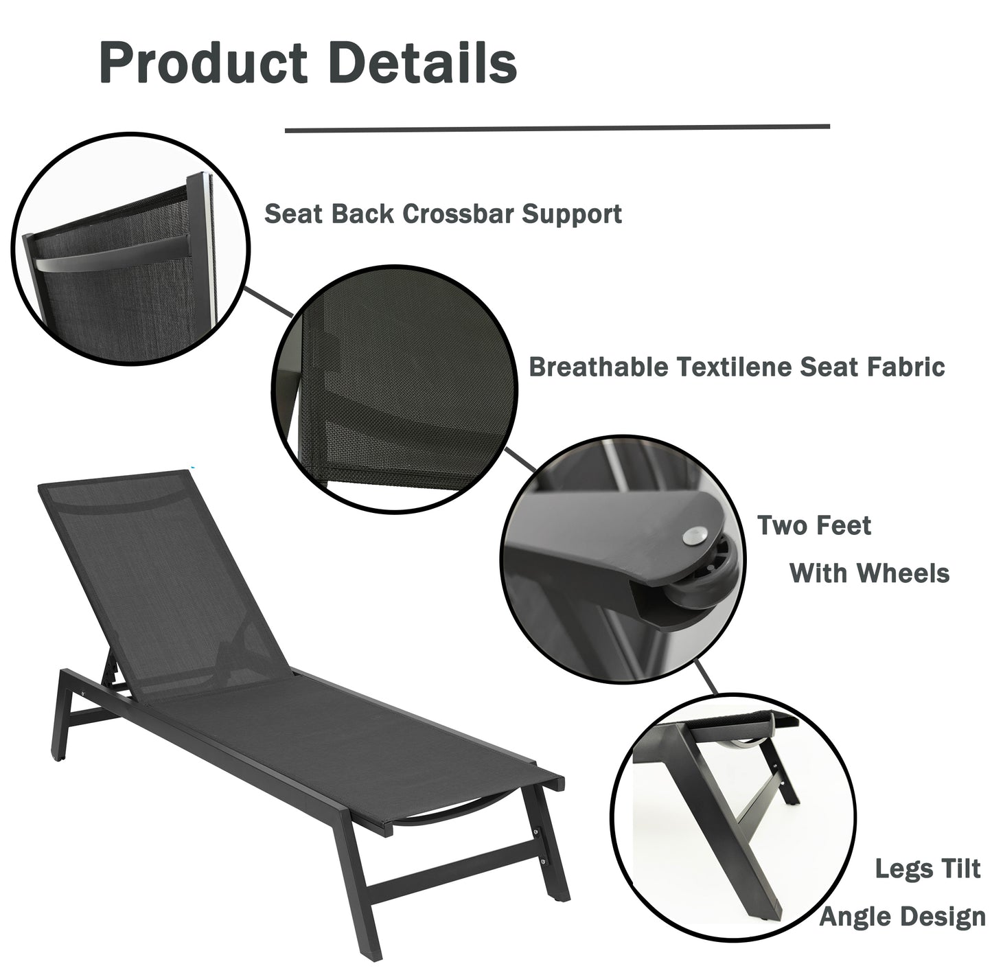 NEW Outdoor Chaise Lounge Chair,Five-Position Adjustable Aluminum Recliner,All Weather For Patio,Beach,Yard, Pool(Grey Frame/Black Fabric) Same as W41939292