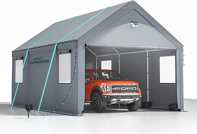 Sannwsg 12 * 20 Heavy Duty Carport Canopy - Extra Large Portable Car Tent Garage with Roll-up Windows and All-Season Tarp Cover,Metal Roof &Side Walls for Car, SUV,Boats&Truck Shelter Logic Storage