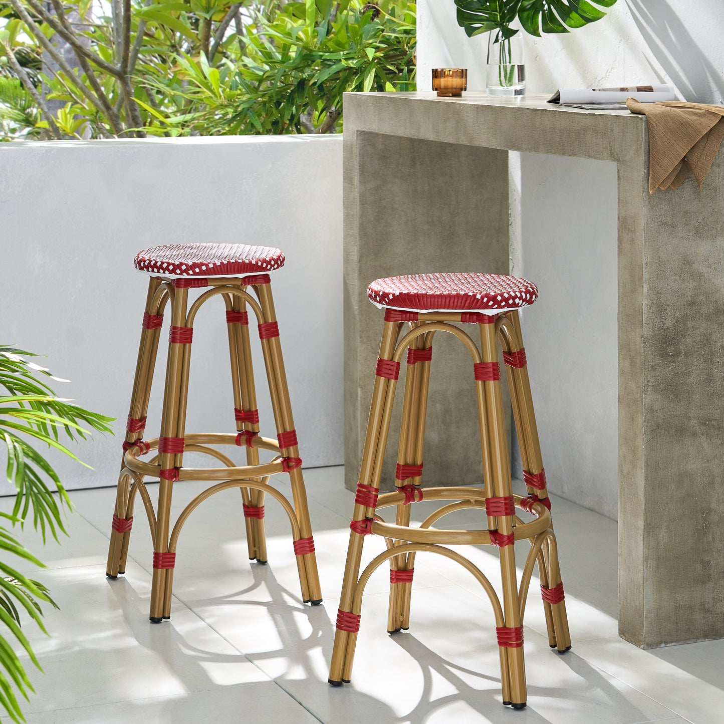 Outdoor PE Ratten and Aluminum 29.5" French Backless Barstools, Set of 2, Red, Bamboo Print Finish