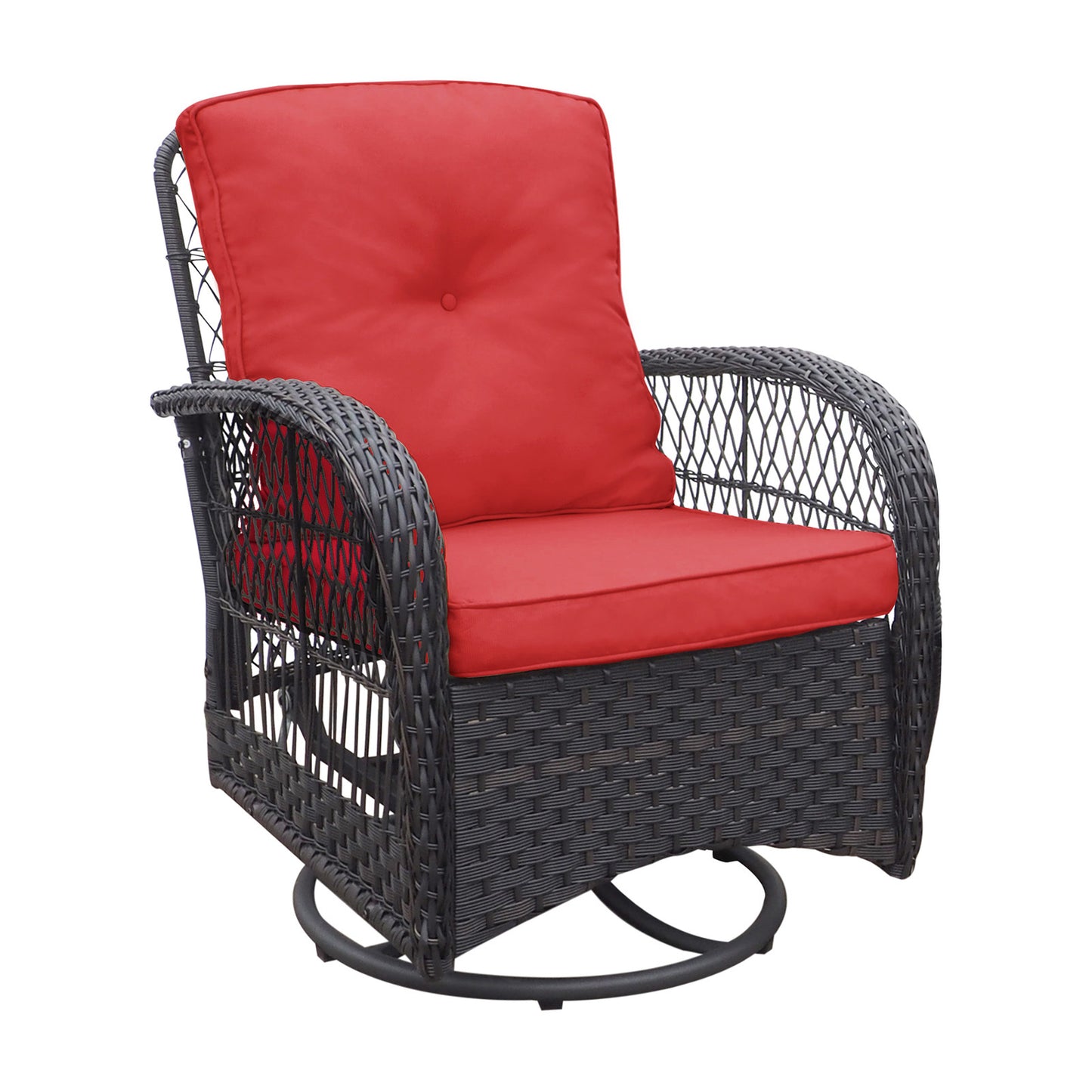 3 Pieces Conversation Set, Outdoor Wicker Rocker Swivel  Patio Bistro Set,  Rocking Chair with Glass Top Side Table,Red