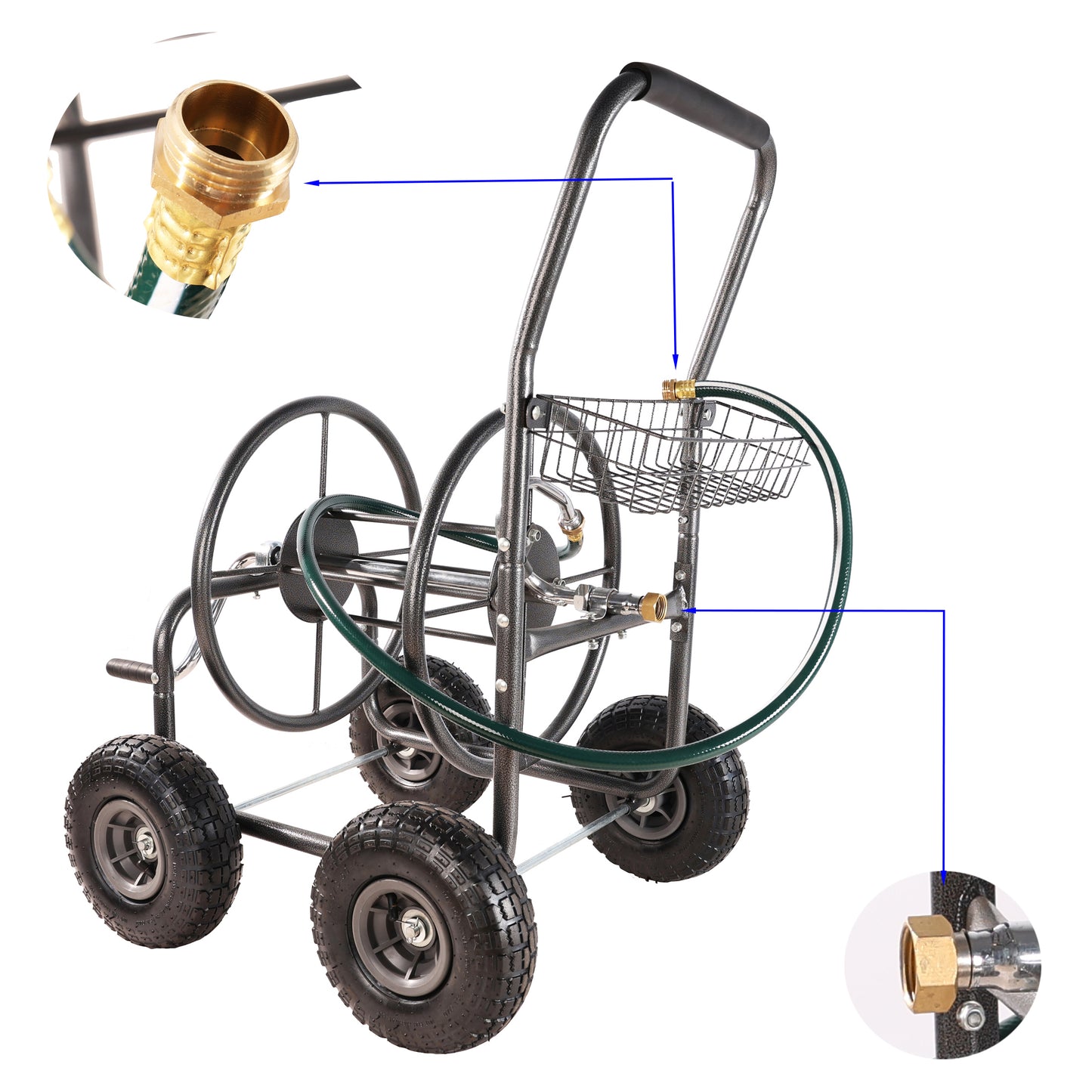 Garden Hose Reel Cart - 4 Wheels Portable Garden Hose Reel Cart with Storage Basket Rust Resistant Heavy Duty Water Hose Holder