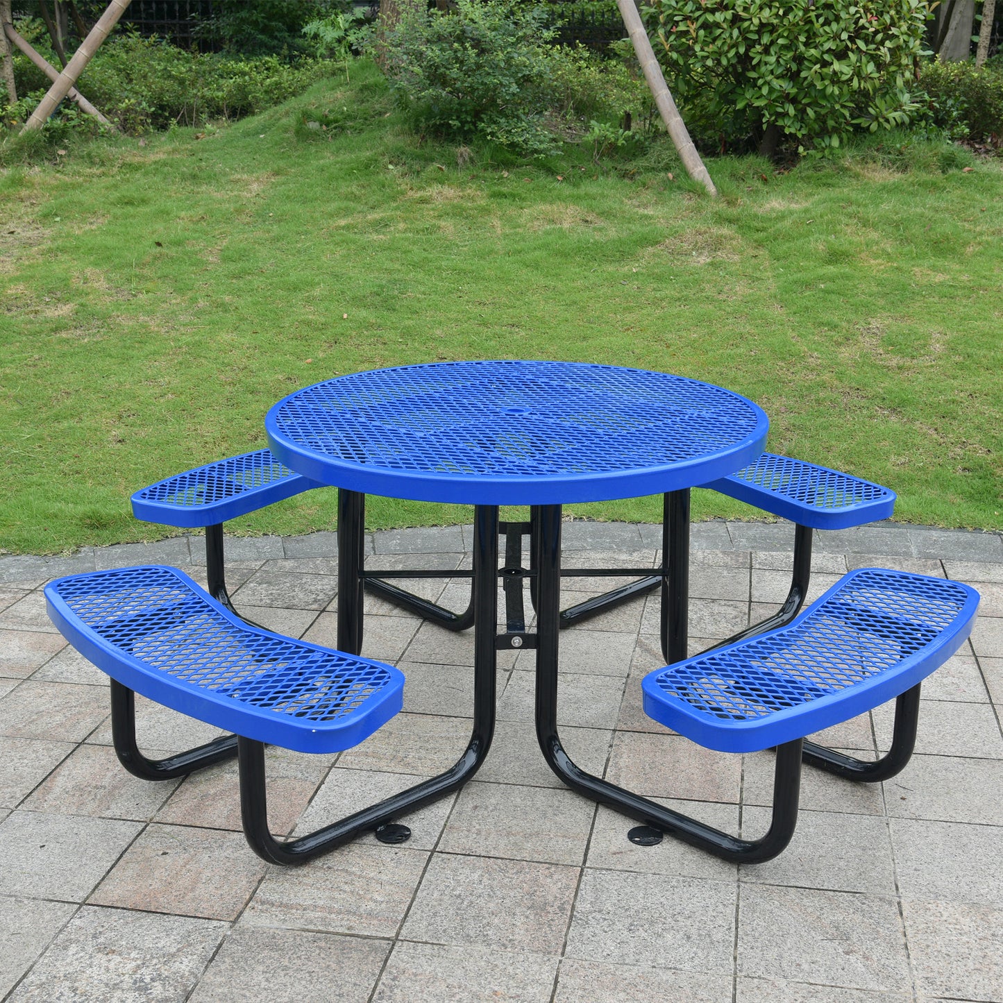 Round Outdoor Steel Picnic Table 46" blue ,with umbrella pole