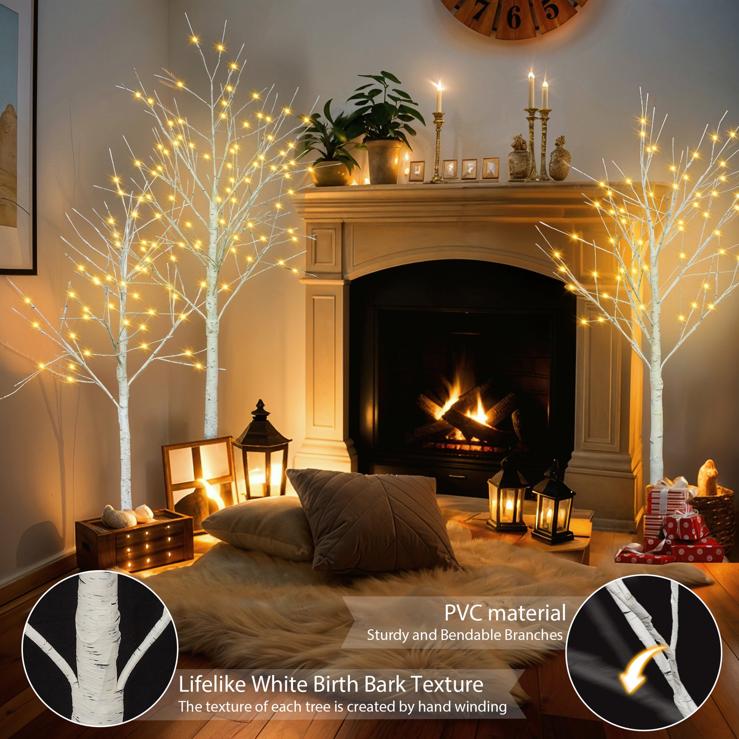 Set of Lighted Birch Tree, 4FT 48 LED/5FT 72 LED/6FT 96 LED Artificial Tree with Warm White Lights, Christmas Tree for Decoration Inside and Outside