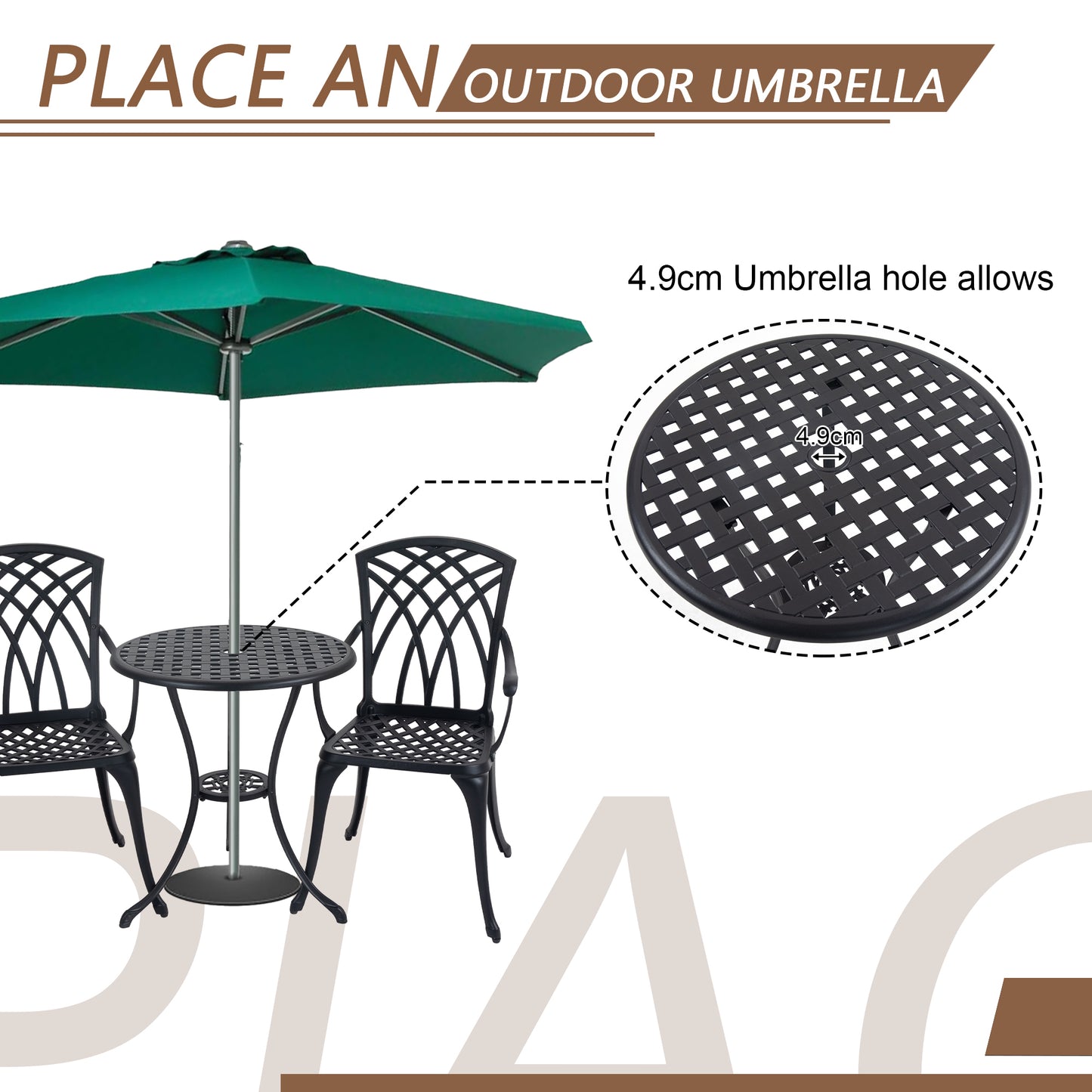 3 Piece Bistro Table Set Cast Aluminum Outdoor Patio Furniture with Umbrella Hole  Patio Balcony, Black