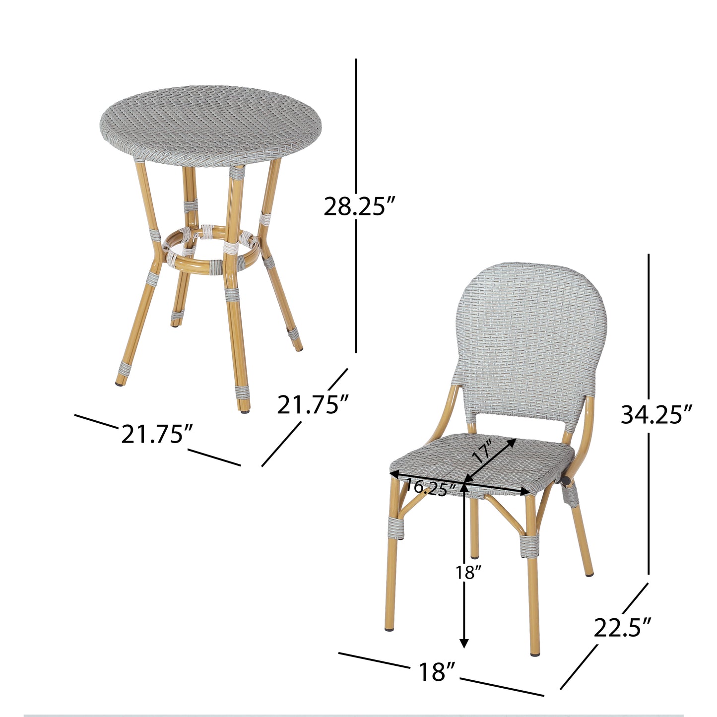 Outdoor Aluminum Armless French Bistro Set, 3-Piece, Gray and Bamboo Finish