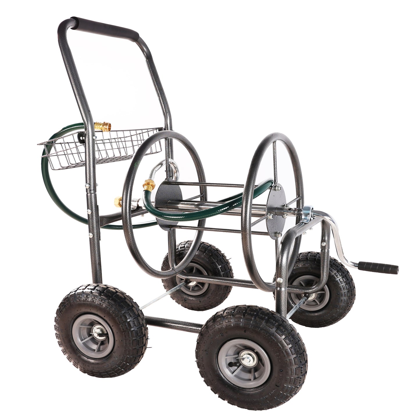 Garden Hose Reel Cart - 4 Wheels Portable Garden Hose Reel Cart with Storage Basket Rust Resistant Heavy Duty Water Hose Holder