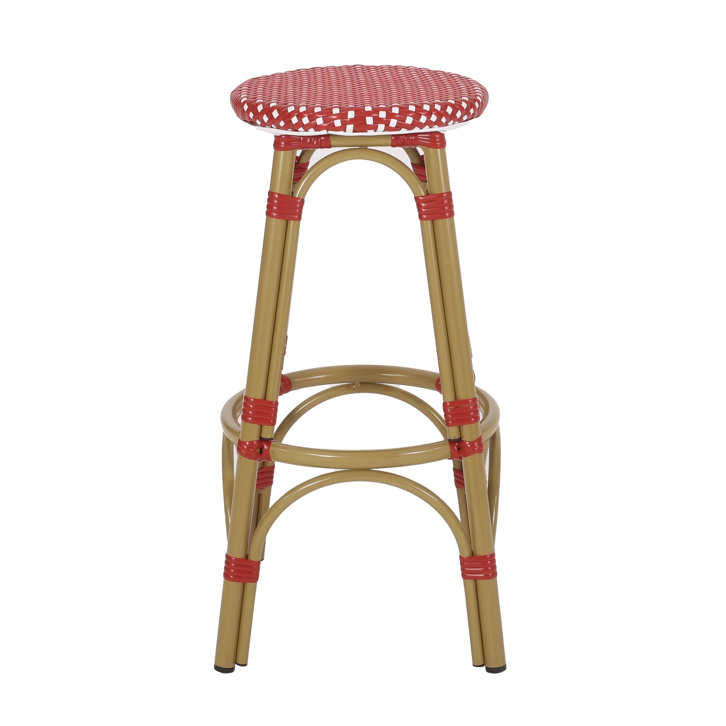 Outdoor PE Ratten and Aluminum 29.5" French Backless Barstools, Set of 2, Red, Bamboo Print Finish