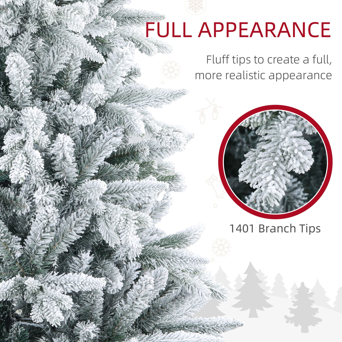 HOMCOM 7ft Snow Flocked Artificial Christmas Tree with 1401 Tips, Foldable Metal Stand, Easy Assembly, Hinged Xmas Tree for Home, Office, Holiday, Green