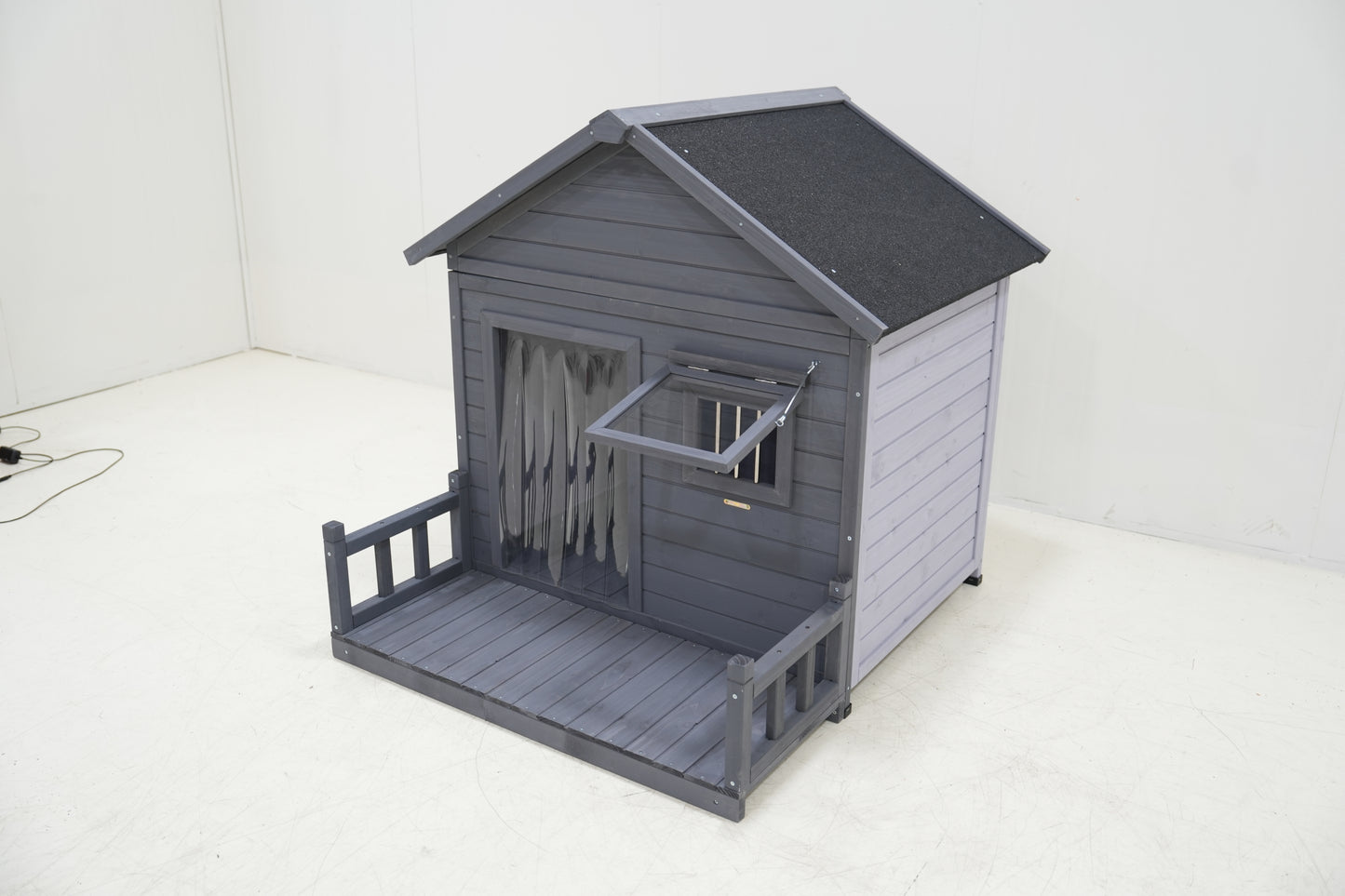 Large dog house, 44.2" long x 44.6" wide x 44.6" high solid wood asphalt roof dog house for large dogs with large terrace, weatherproof large dog house,Complimentary dog bowl