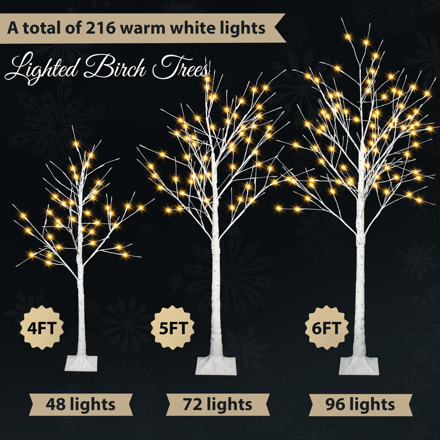 Set of Lighted Birch Tree, 4FT 48 LED/5FT 72 LED/6FT 96 LED Artificial Tree with Warm White Lights, Christmas Tree for Decoration Inside and Outside