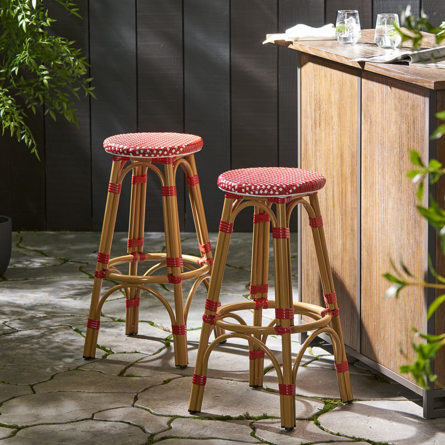 Outdoor PE Ratten and Aluminum 29.5" French Backless Barstools, Set of 2, Red, Bamboo Print Finish