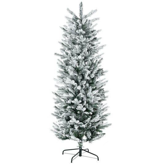 HOMCOM 6ft Tall Flocked Artificial Christmas Tree Holiday Décor with 477 Snow Branches, Auto Open, Steel Base, Green