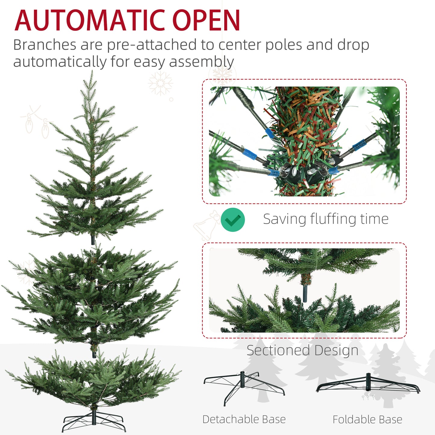 HOMCOM 9 Foot Artificial Christmas Tree, Pine Hinged Xmas Tree with 1939 Realistic Branches, Steel Base, Auto Open, Green