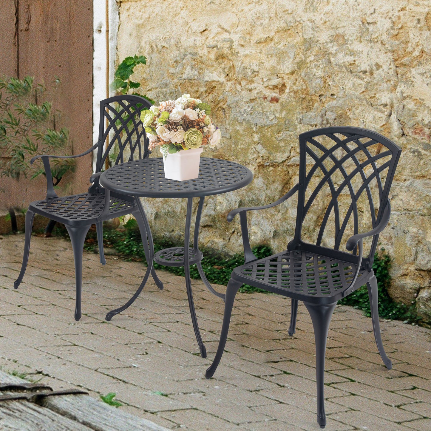 3 Piece Bistro Table Set Cast Aluminum Outdoor Patio Furniture with Umbrella Hole  Patio Balcony, Black