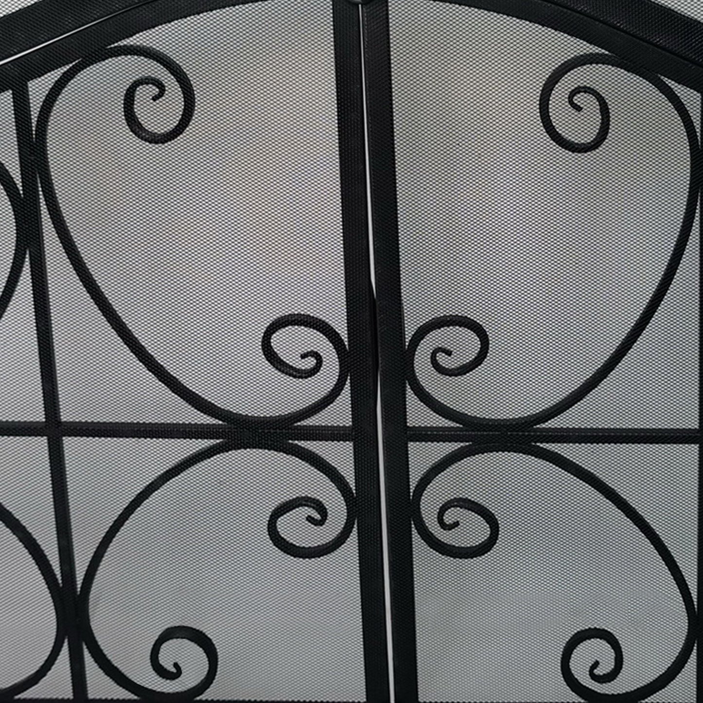 43 Inches 2 Door Iron Fireplace Screen, Mesh Design, Scrollwork, Black