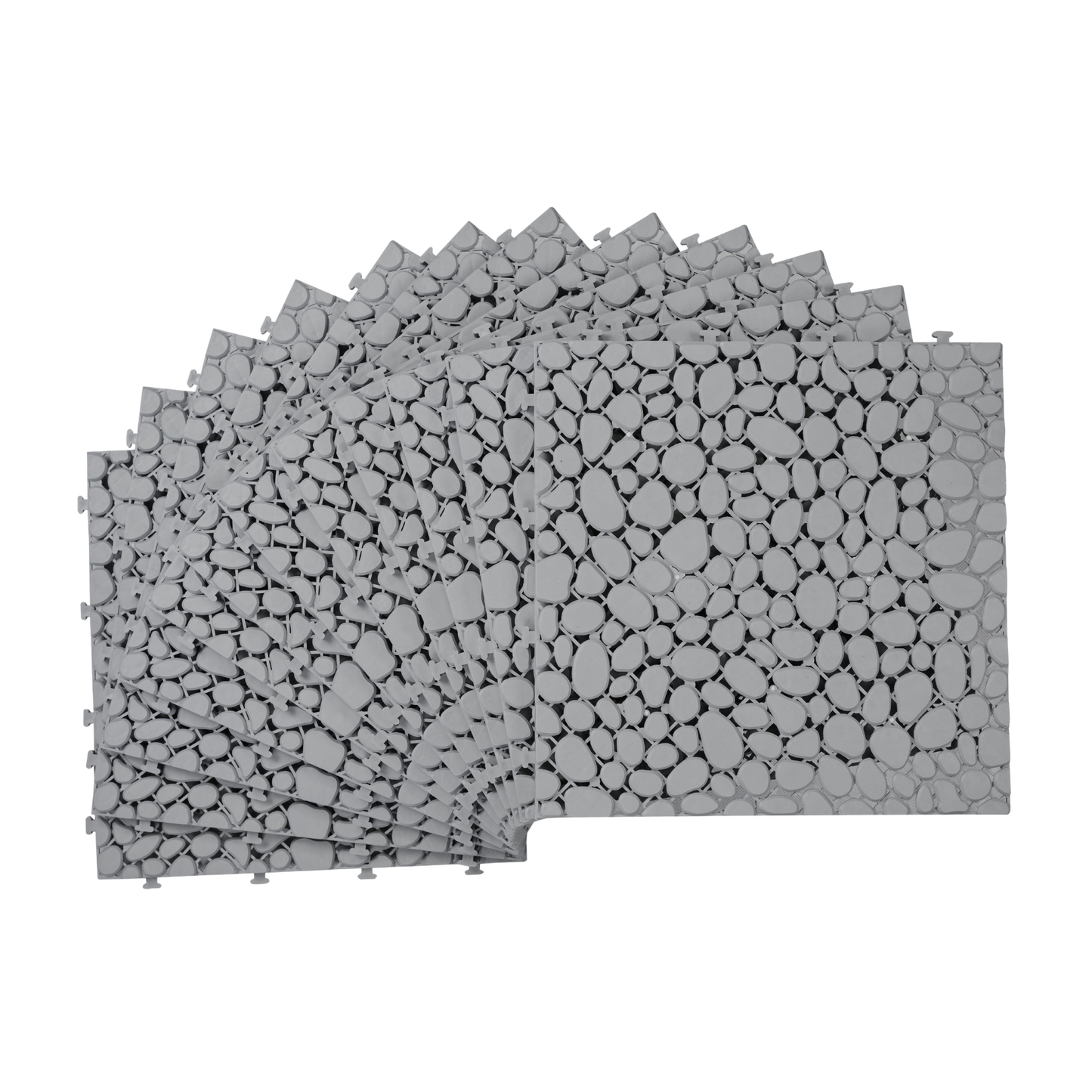 12 x 12 Inch Gray Interlocking Deck Tiles Plastic Waterproof Outdoor All Weather Anti-slip Bathroom Shower Balcony Porch Strong Weight Capacity Upto 440 LBS, Pebble Stone Pattern Pack of 60