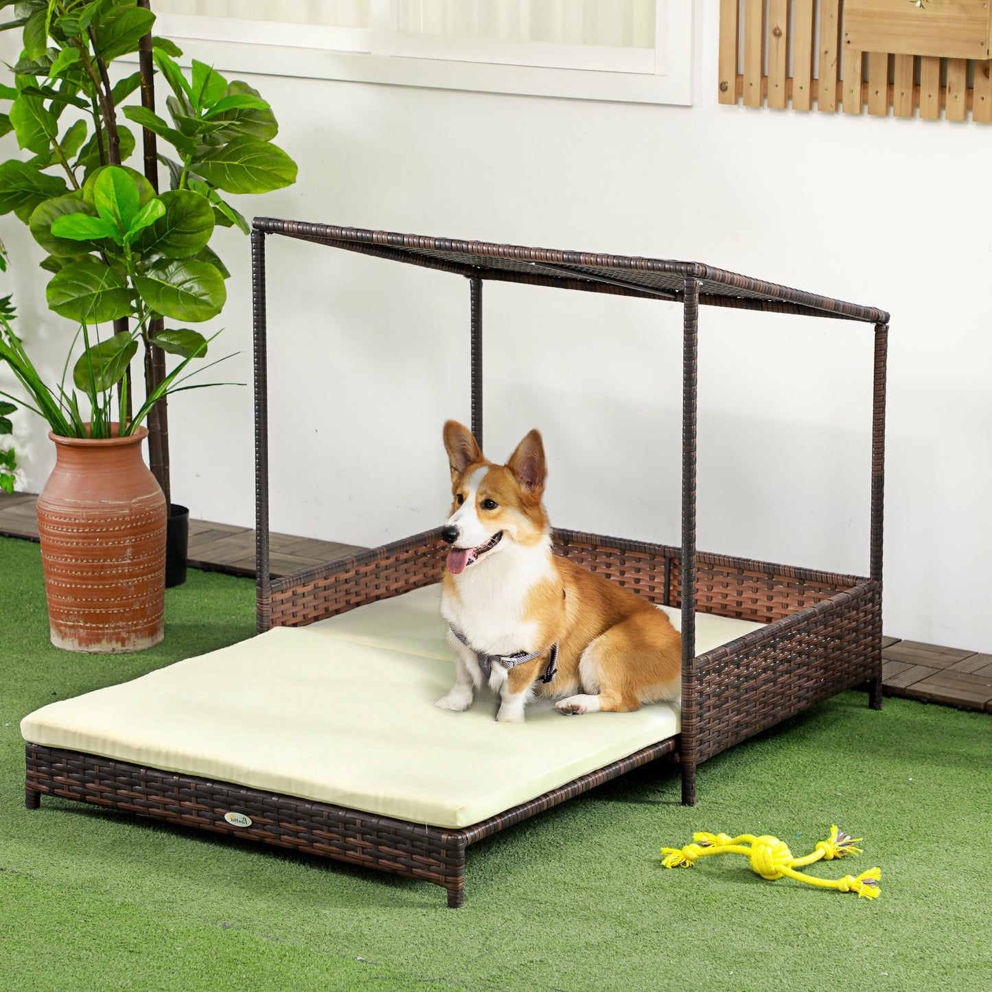 PawHut Wicker Dog House Raised Rattan Extendable Puppy Bed Cat Shelter for Indoor Outdoor Garden Patio Pet Sofa with Removable Cushion for Medium Sized Pet Mixed-Brown