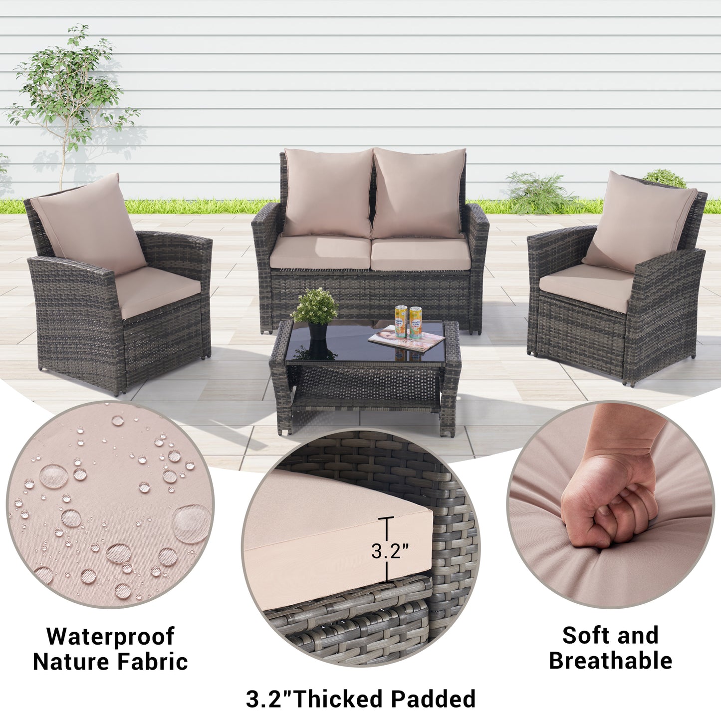 4 Pieces Outdoor Patio Furniture Sets Garden Rattan Chair Wicker Set, Poolside Lawn Chairs with Tempered Glass Coffee Table Porch Furniture,  Gray Rattan +  sand color Cushion